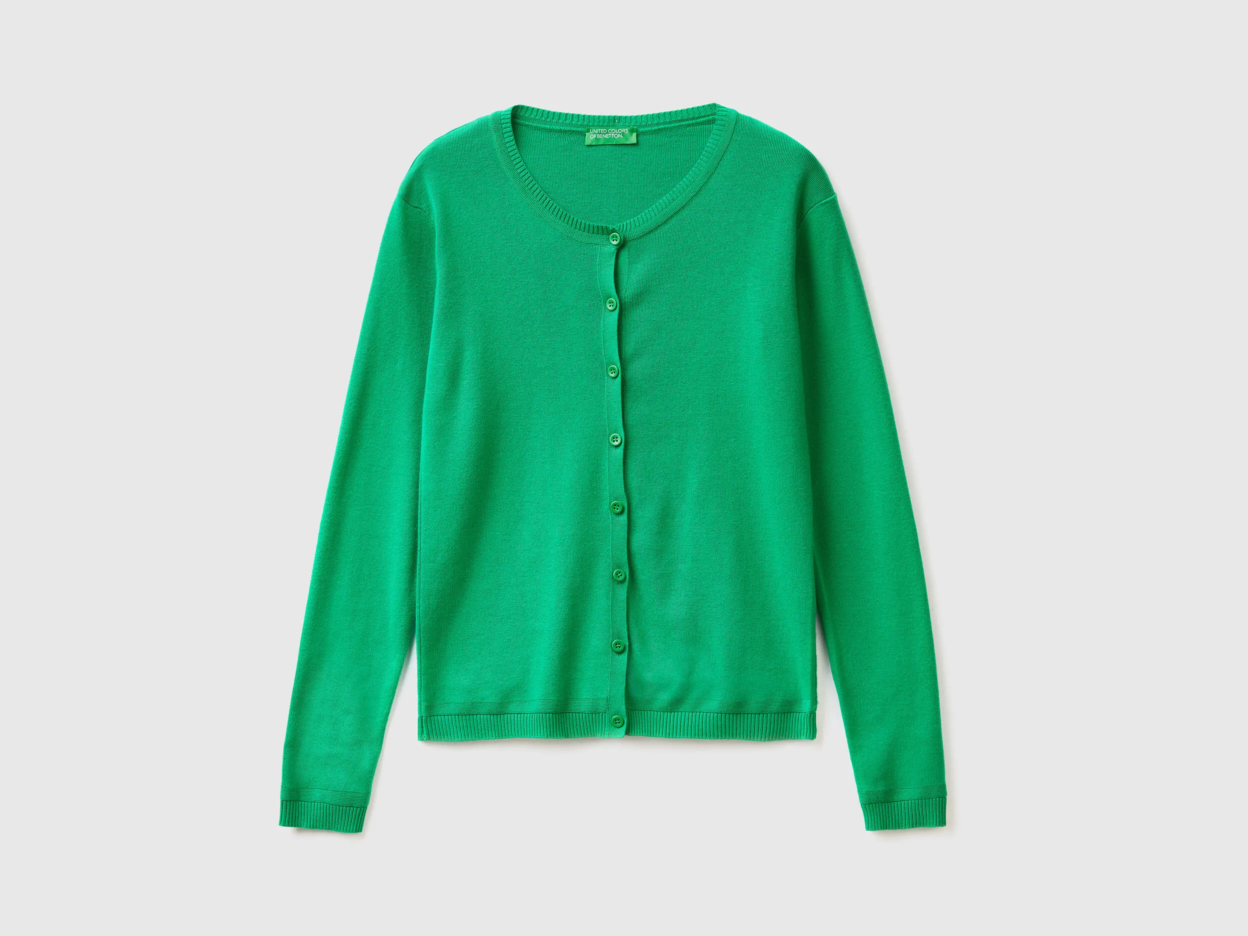 Crew neck cardigan in pure cotton - Green | Benetton