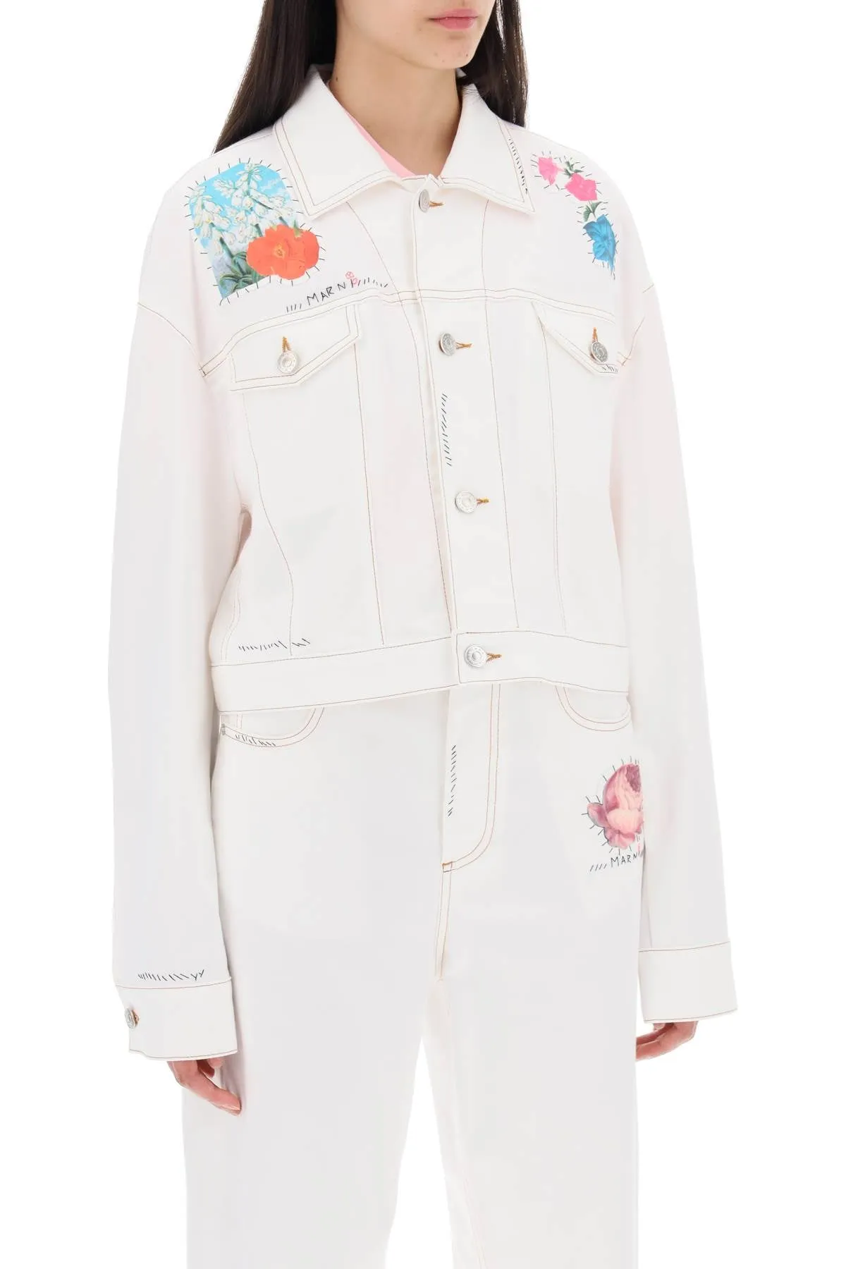 cropped denim jacket with flower patches and embroidery GIJD0236SXUTC341 LILY WHITE