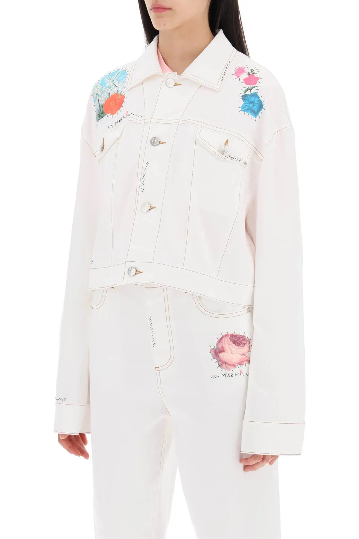 cropped denim jacket with flower patches and embroidery GIJD0236SXUTC341 LILY WHITE