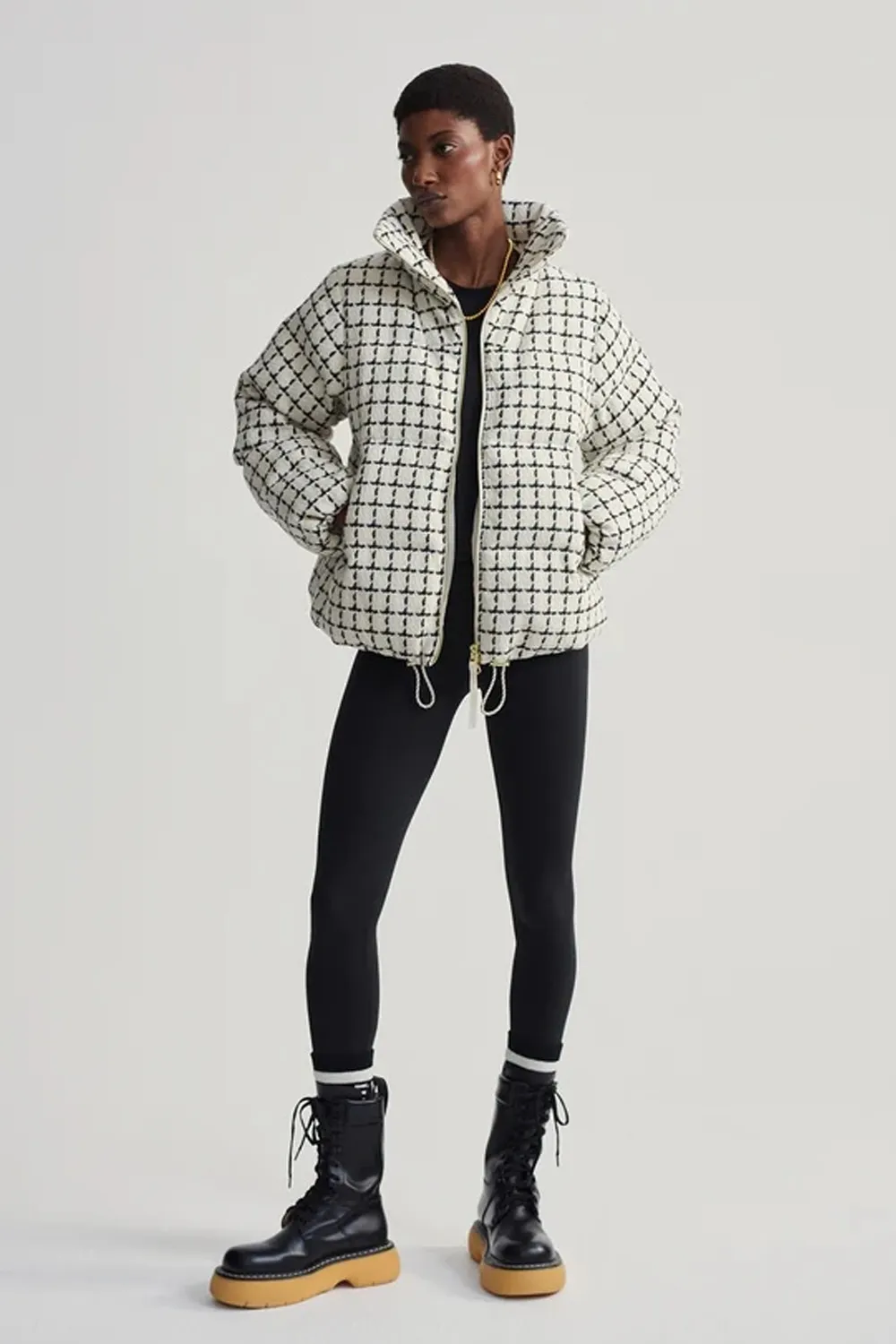 Eugene Check Short Puffer Coat in Egret Mono Check