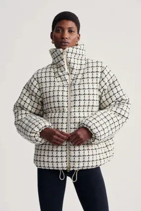 Eugene Check Short Puffer Coat in Egret Mono Check