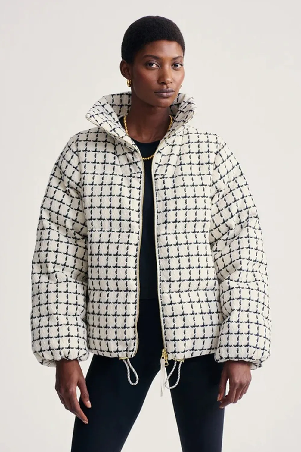 Eugene Check Short Puffer Coat in Egret Mono Check