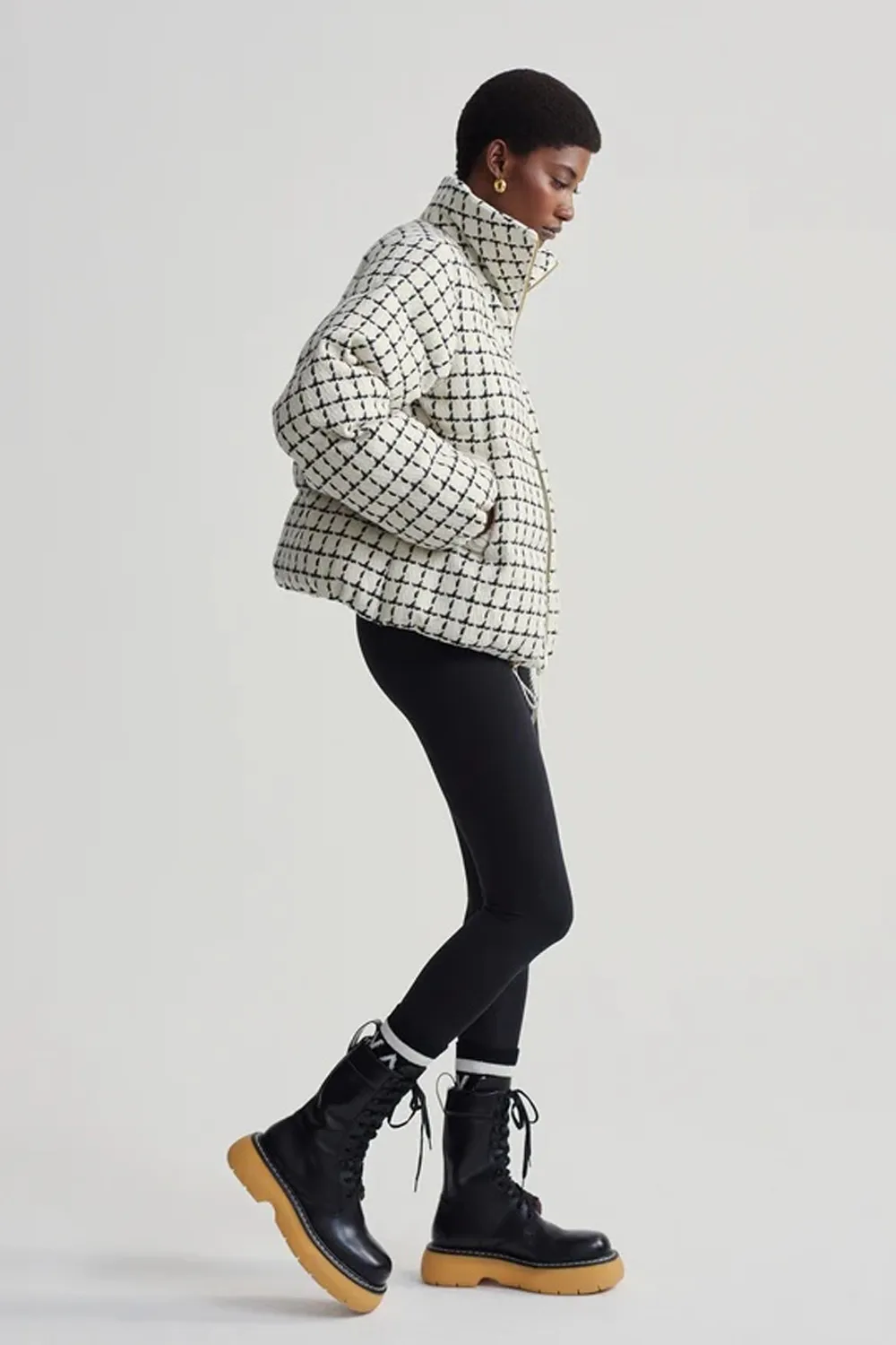 Eugene Check Short Puffer Coat in Egret Mono Check