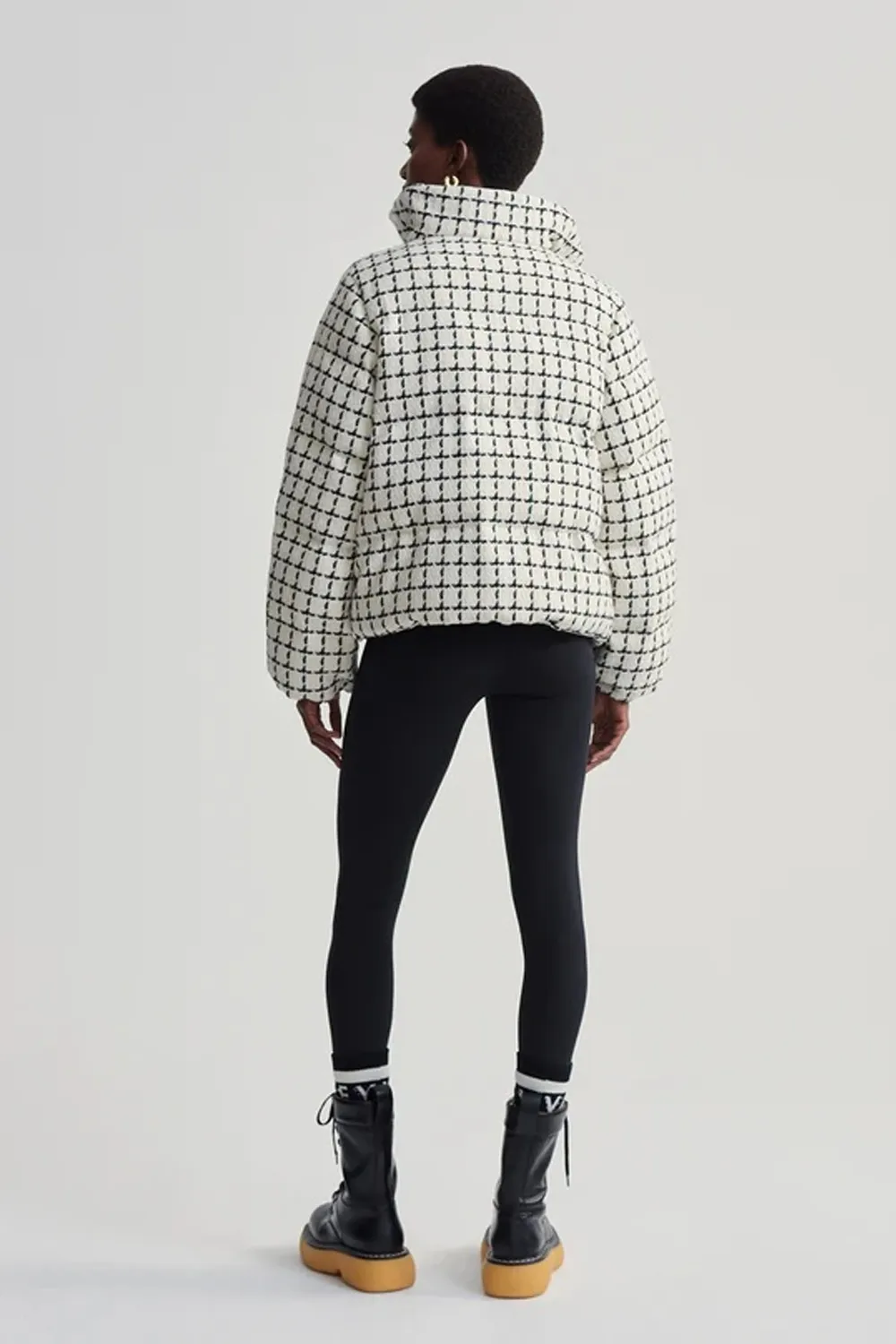 Eugene Check Short Puffer Coat in Egret Mono Check