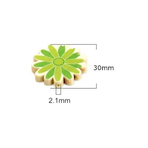 Flower Wood Beads, Printed, Green, 30mm