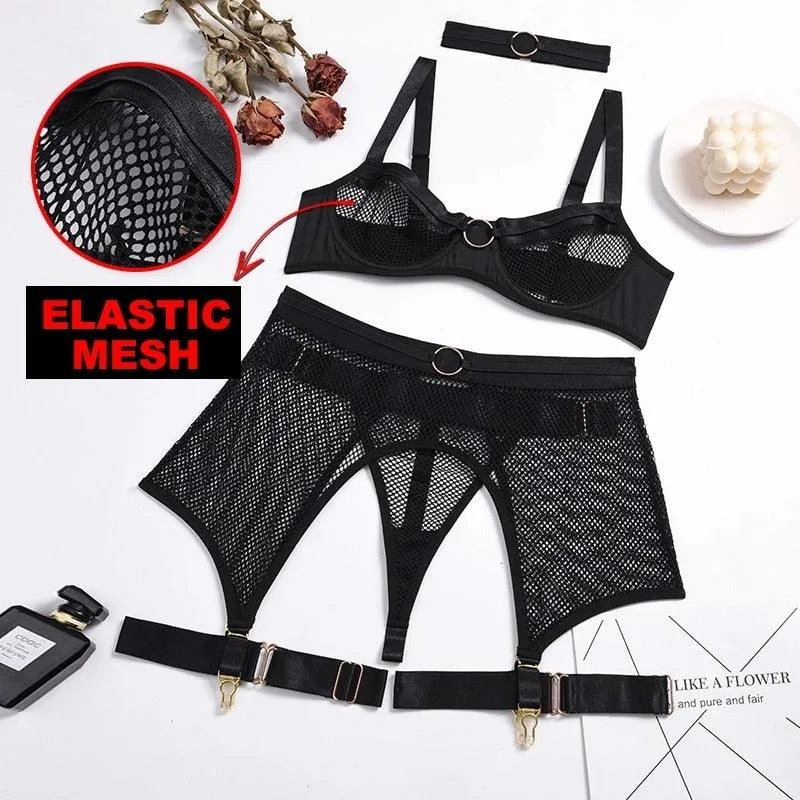 Four-Piece Set Transparent Bra Kit Push Up See Through Lace Langerie