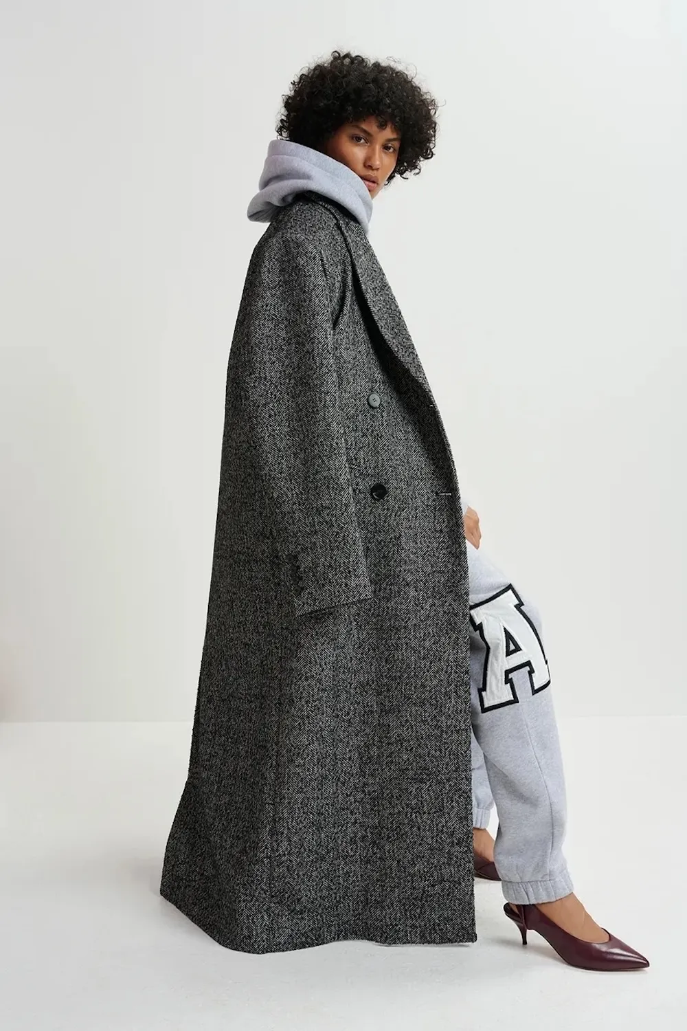 Glide Black and White Herringbone Coat