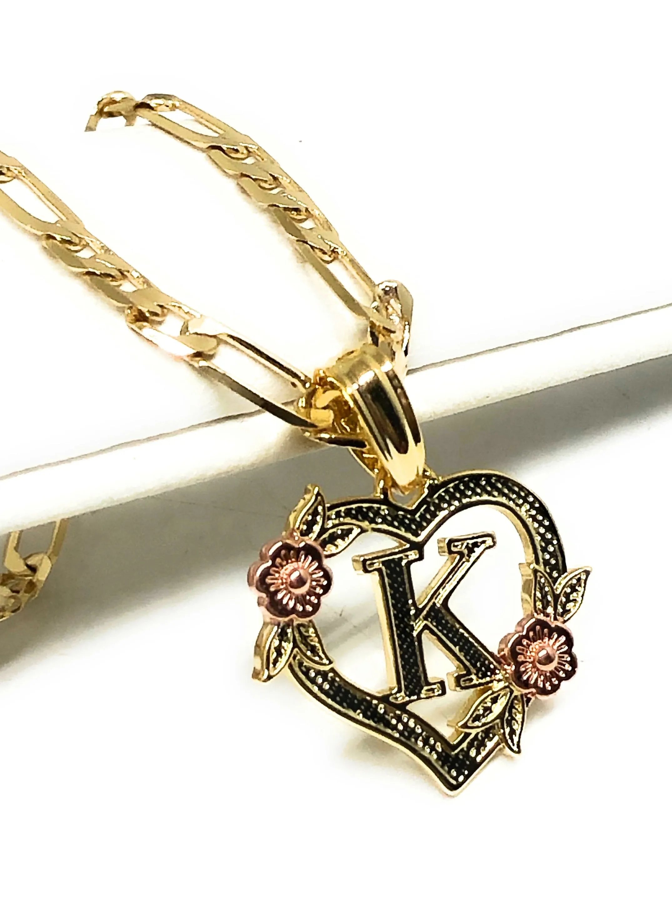 Gold Plated CUSTOMIZED Heart Flower Initial Letter Pendant With Figaro Chain 24 4mm