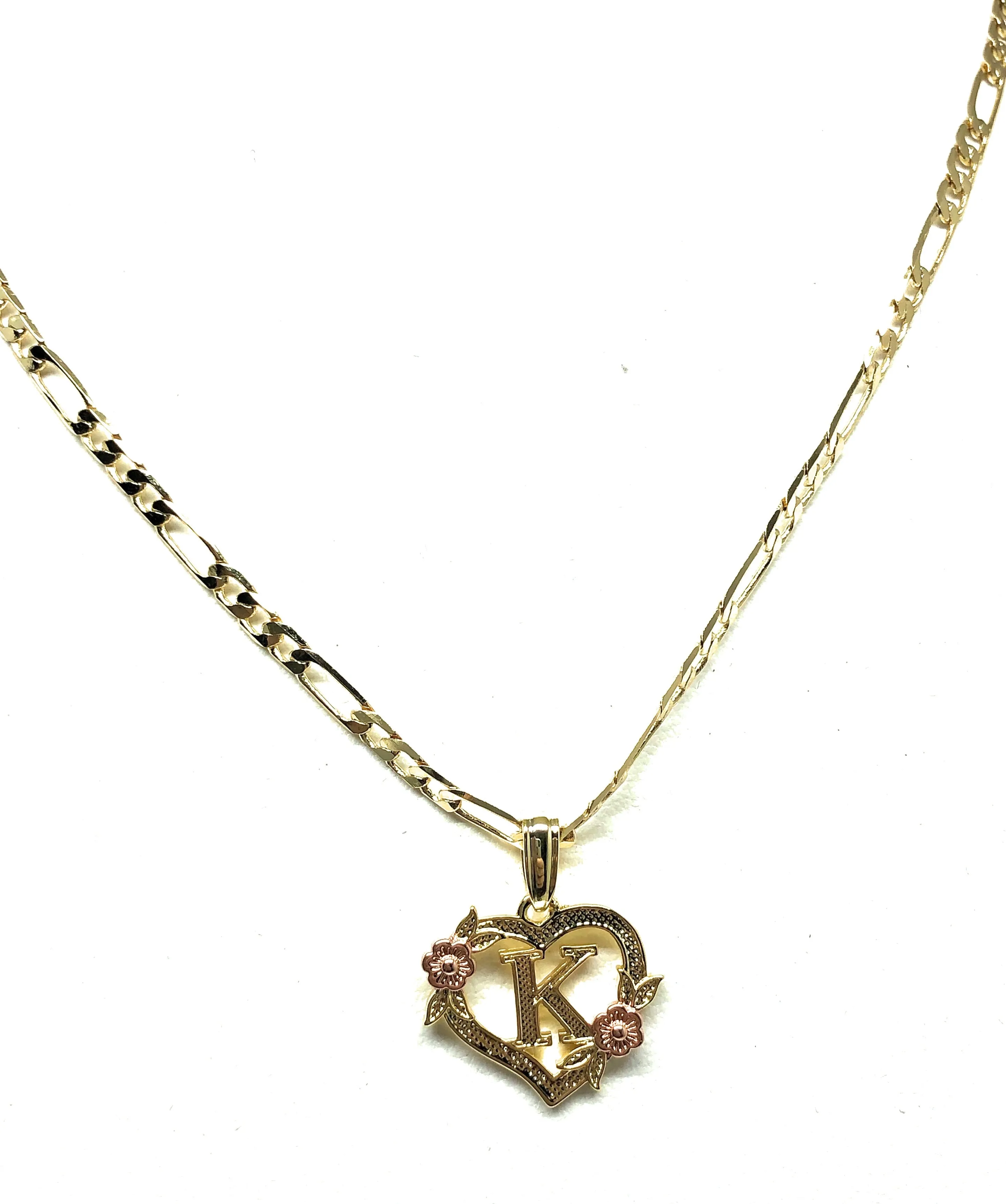 Gold Plated CUSTOMIZED Heart Flower Initial Letter Pendant With Figaro Chain 24 4mm