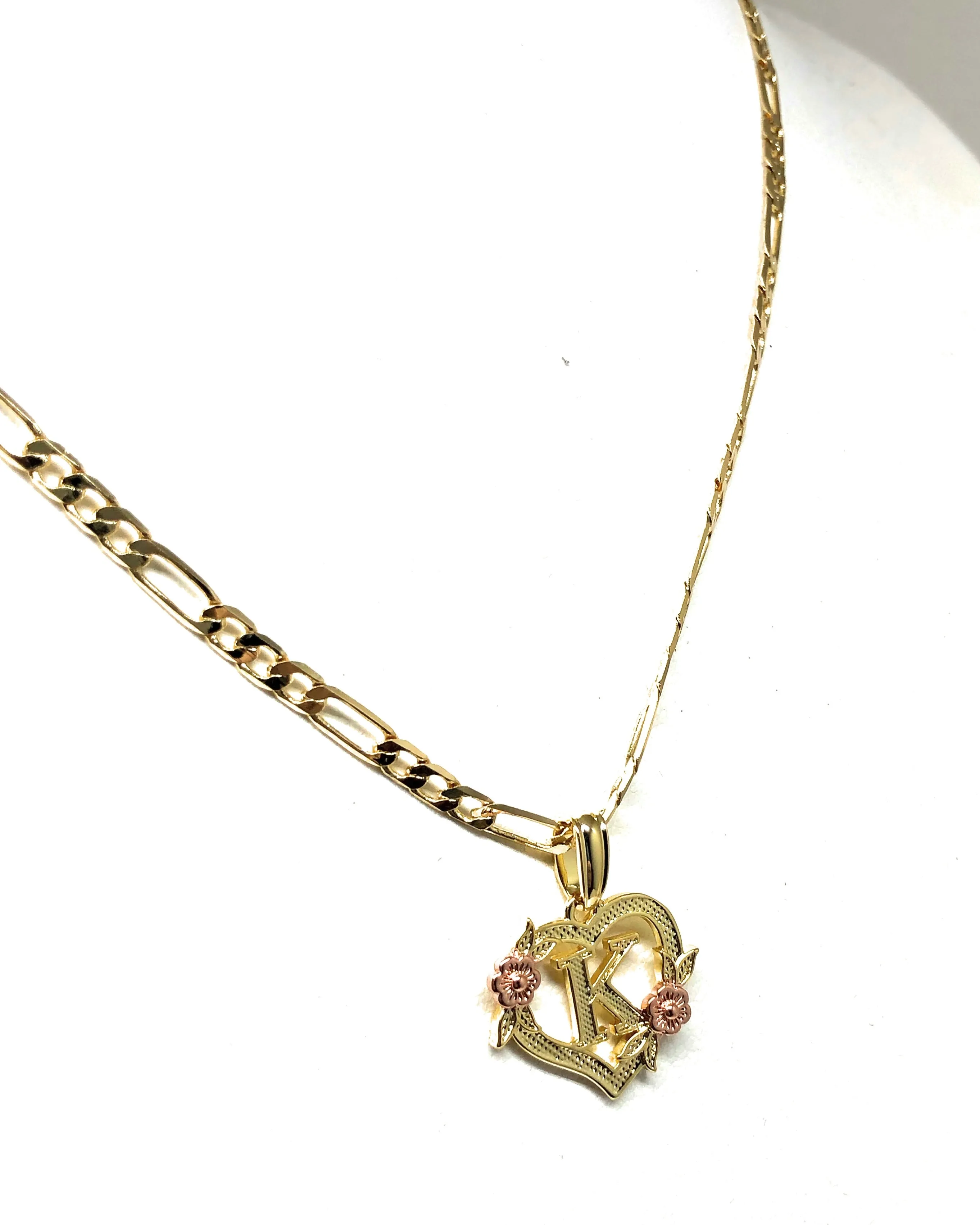 Gold Plated CUSTOMIZED Heart Flower Initial Letter Pendant With Figaro Chain 24 4mm