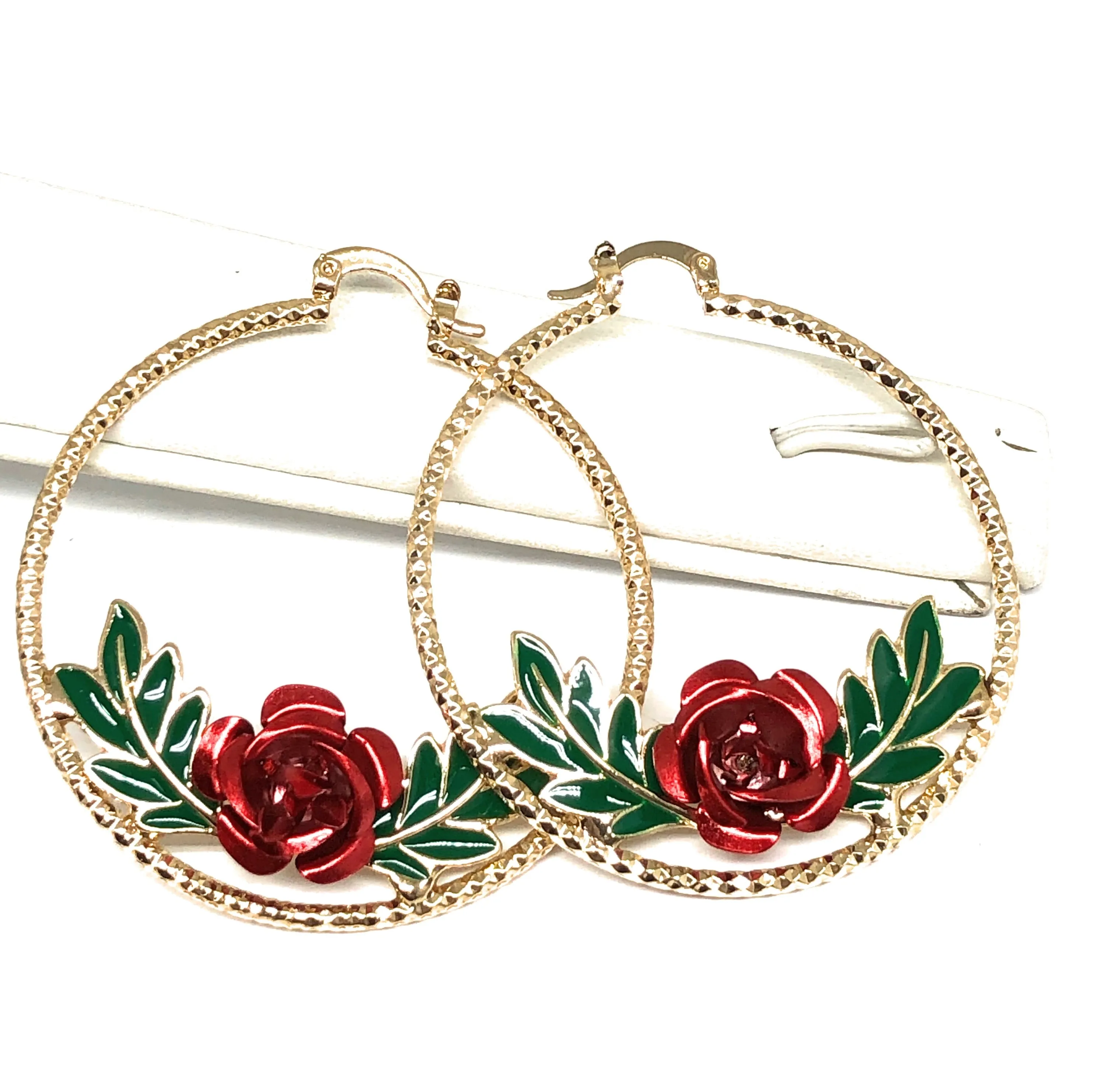 Gold Plated Rose Flower Hoop Earrings Flor Aretes Arracadas (2 INCH)