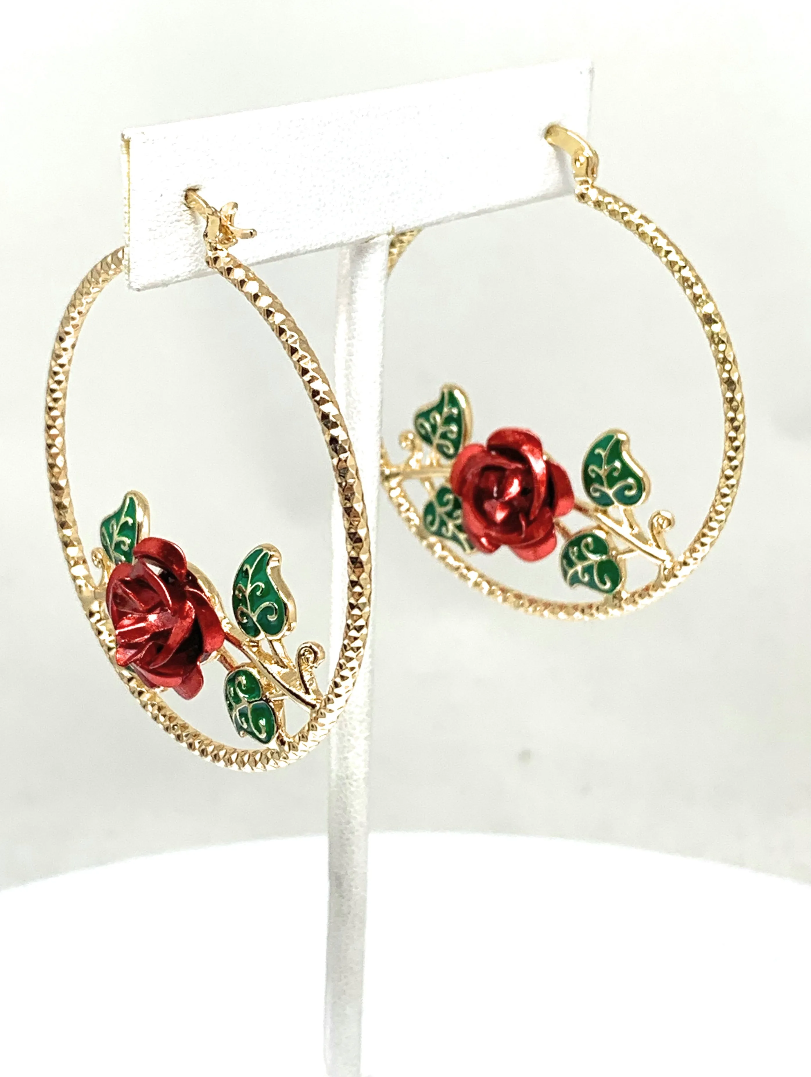 Gold Plated Rose Flower Hoop Earrings Flor Aretes Arracadas (2 INCH)