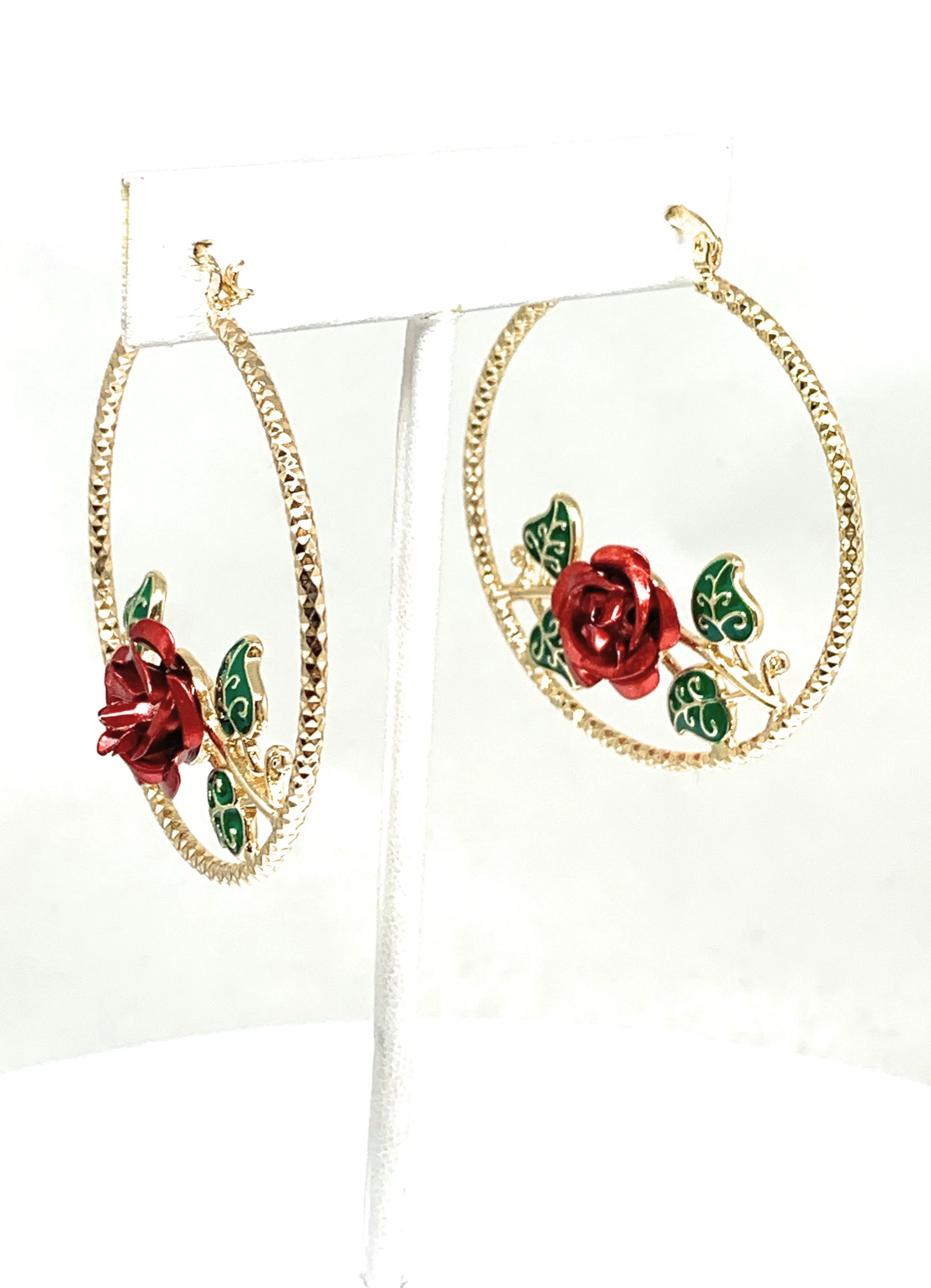 Gold Plated Rose Flower Hoop Earrings Flor Aretes Arracadas (2 INCH)