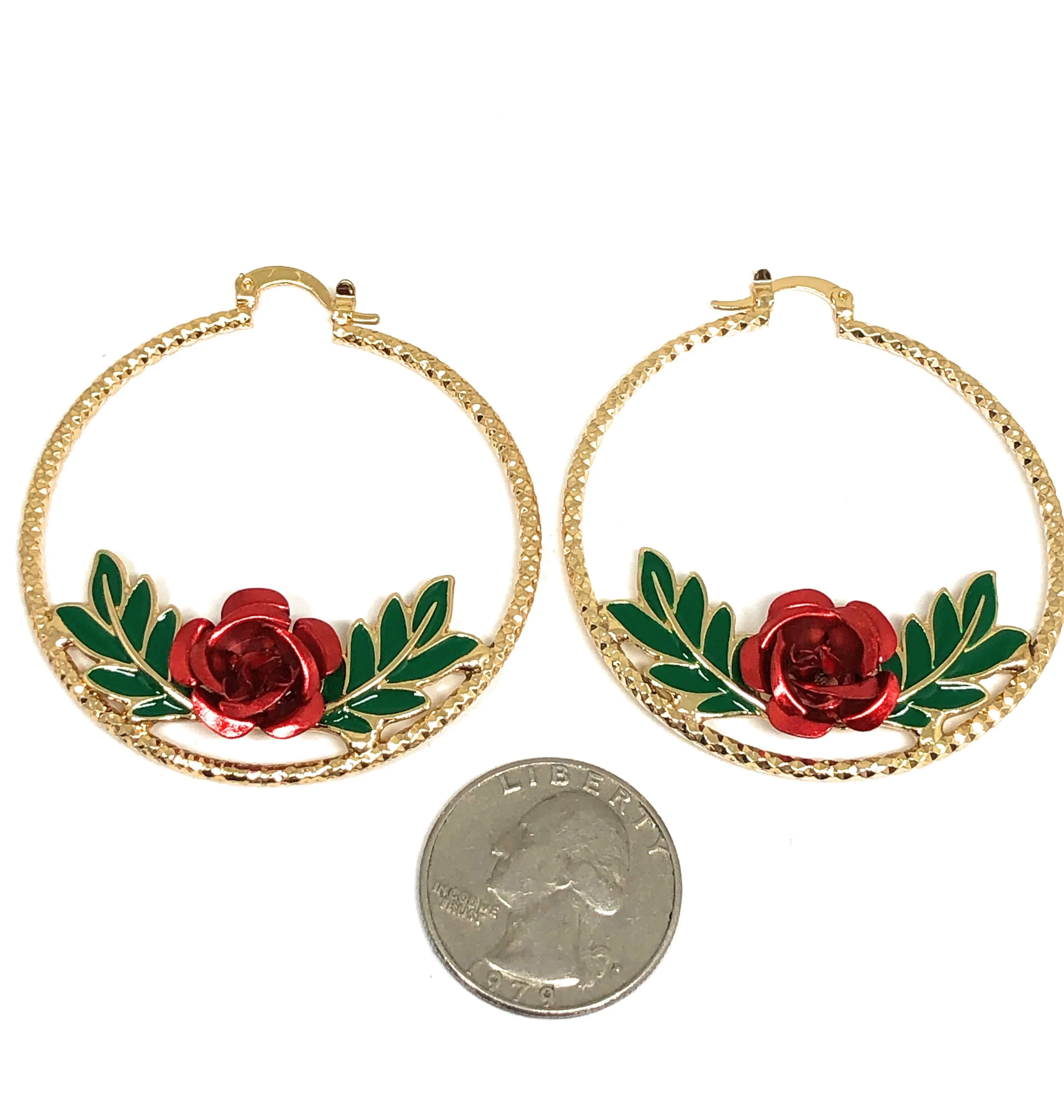 Gold Plated Rose Flower Hoop Earrings Flor Aretes Arracadas (2 INCH)