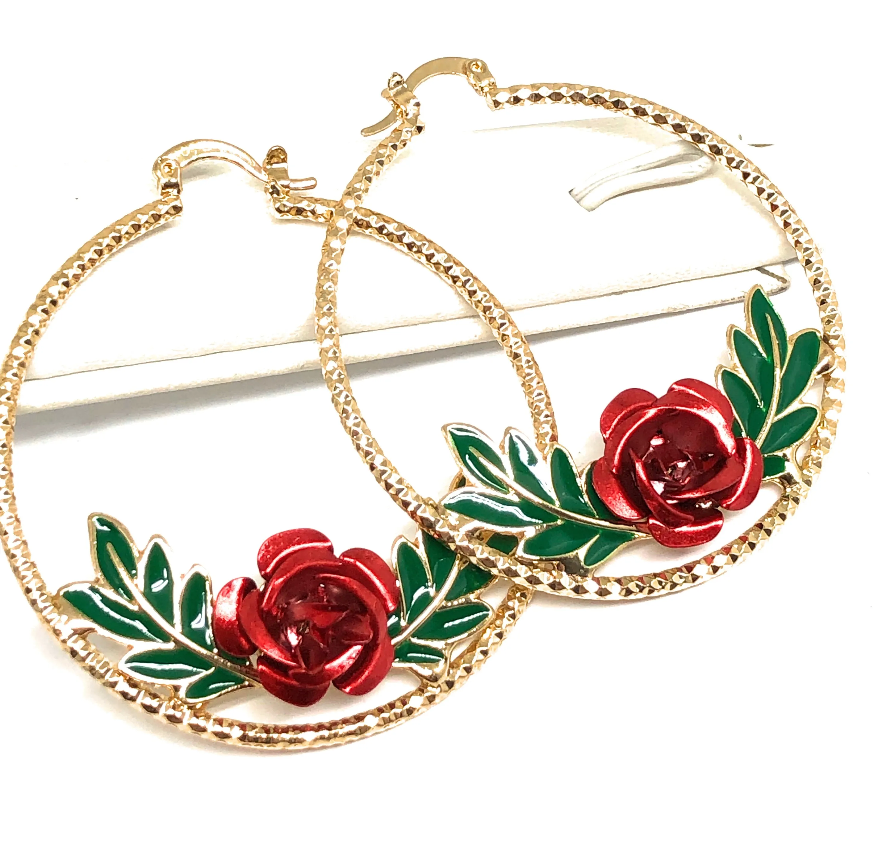 Gold Plated Rose Flower Hoop Earrings Flor Aretes Arracadas (2 INCH)