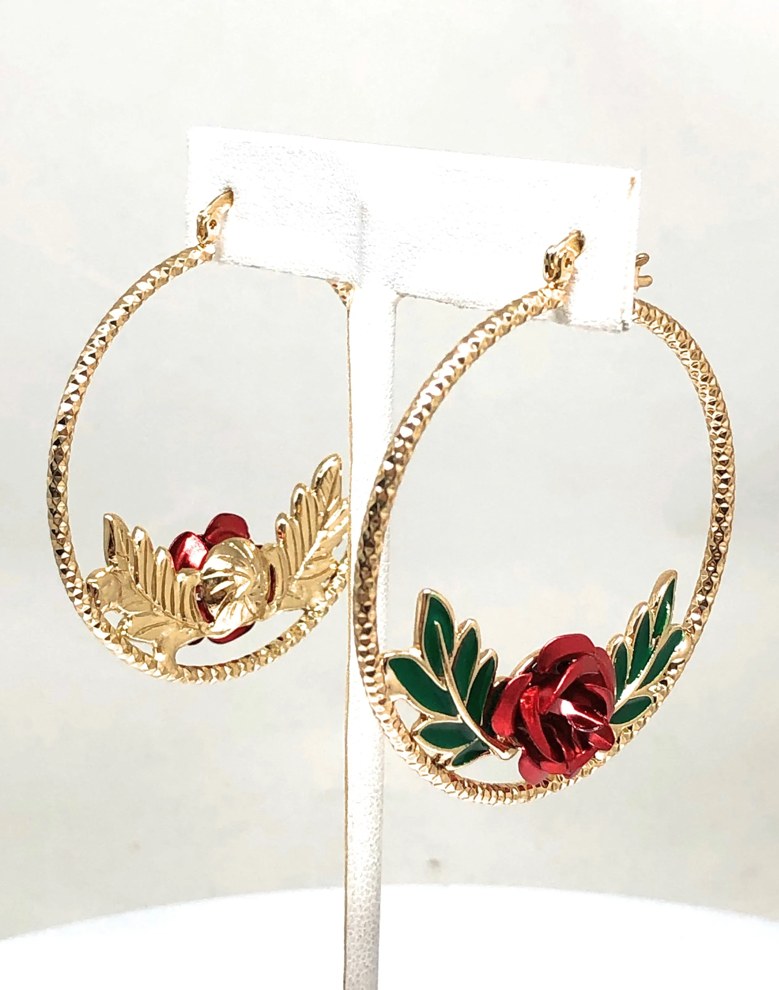 Gold Plated Rose Flower Hoop Earrings Flor Aretes Arracadas (2 INCH)