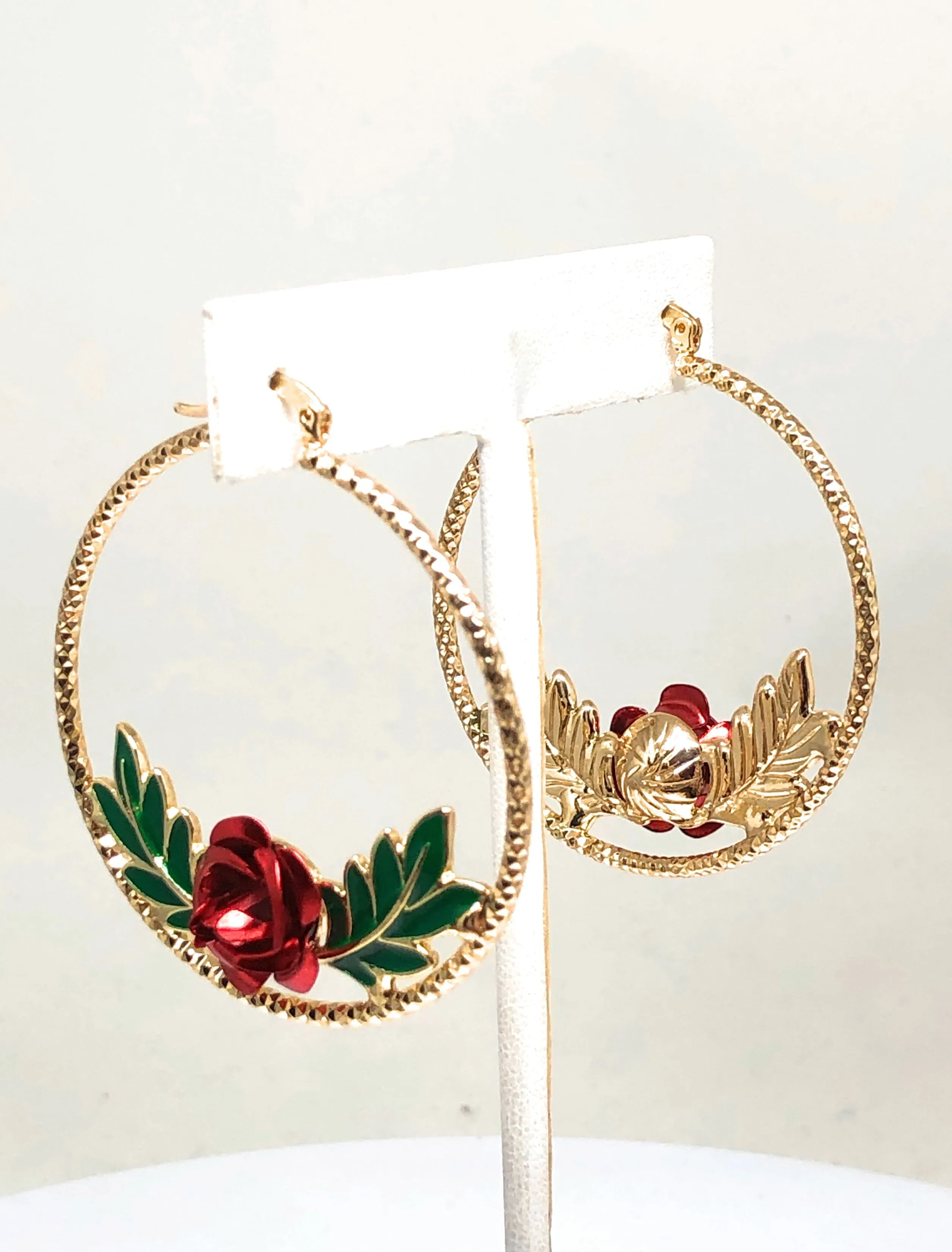 Gold Plated Rose Flower Hoop Earrings Flor Aretes Arracadas (2 INCH)