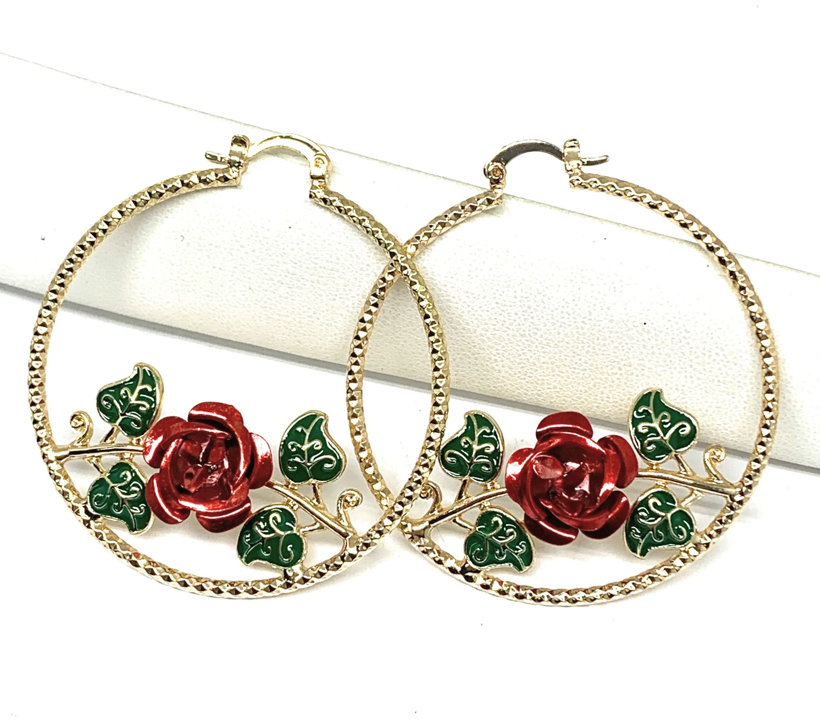 Gold Plated Rose Flower Hoop Earrings Flor Aretes Arracadas (2 INCH)