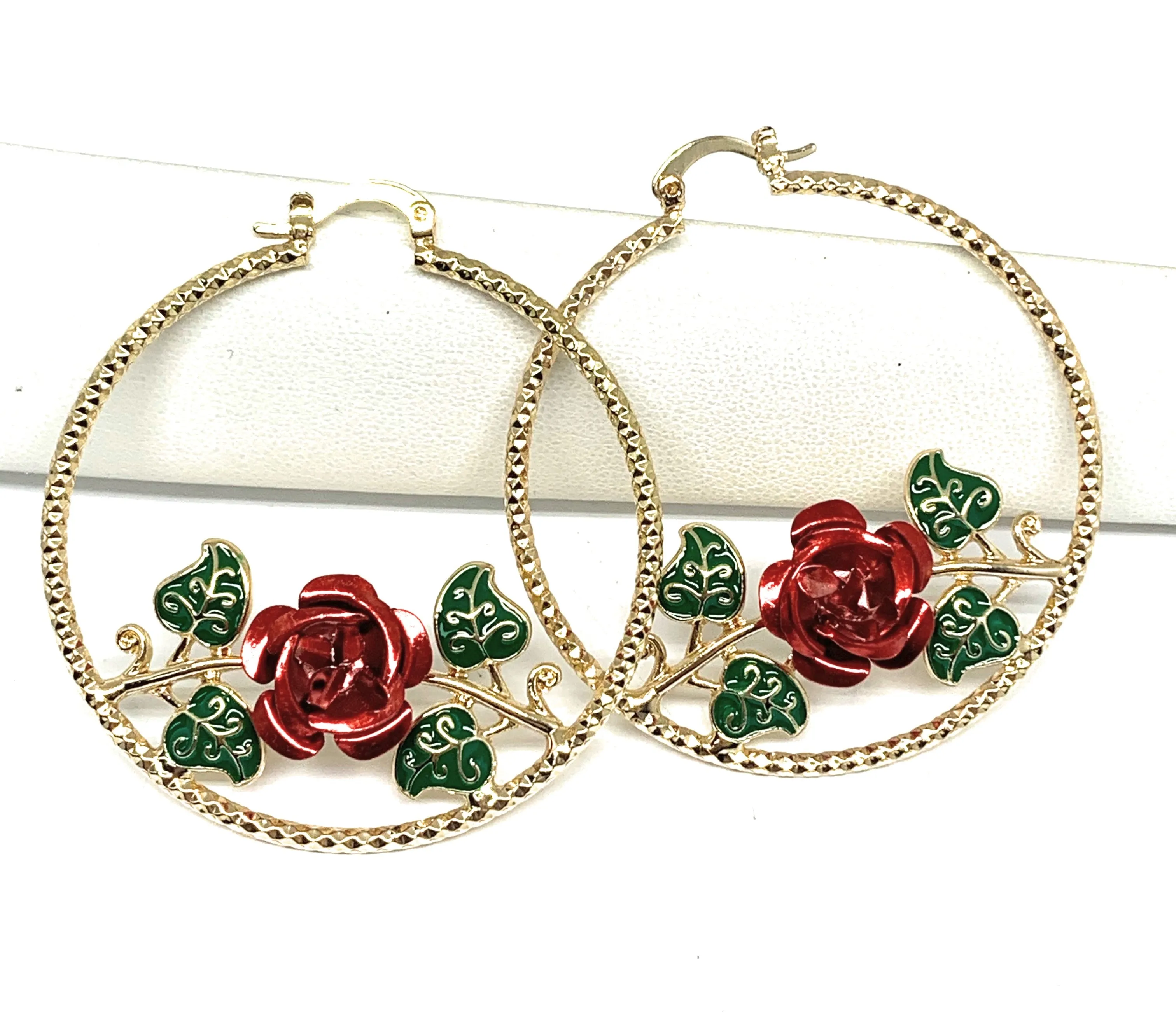 Gold Plated Rose Flower Hoop Earrings Flor Aretes Arracadas (2 INCH)