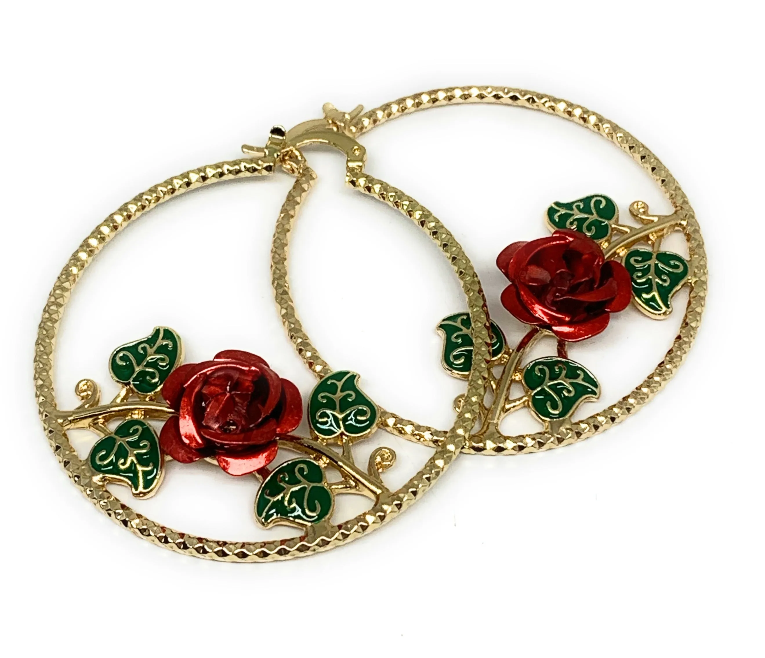 Gold Plated Rose Flower Hoop Earrings Flor Aretes Arracadas (2 INCH)