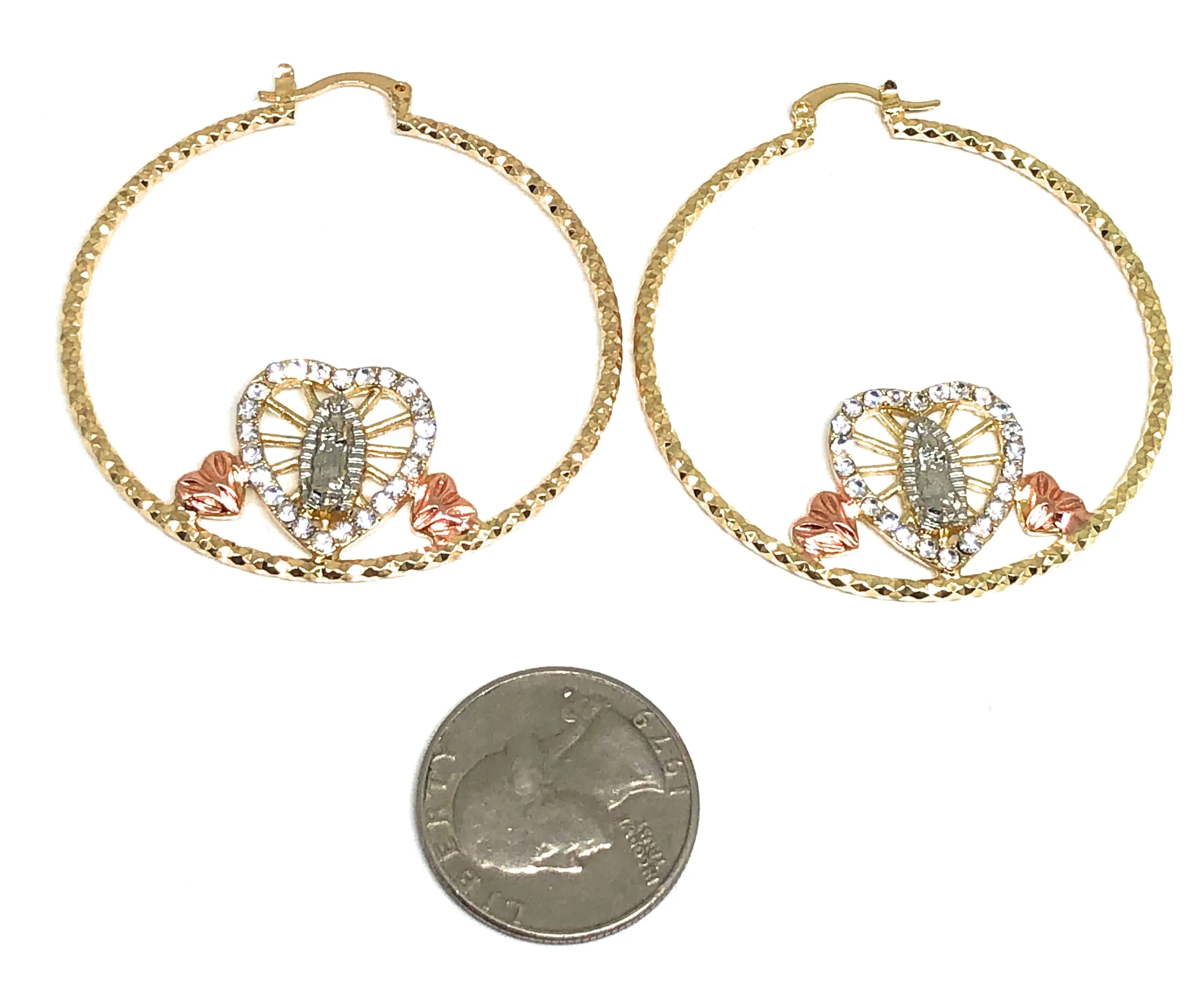 Gold Plated Tri Color Heart Virgin Mary Flower Hoop Earrings Virgen Guadalupe Aretes Arracadas