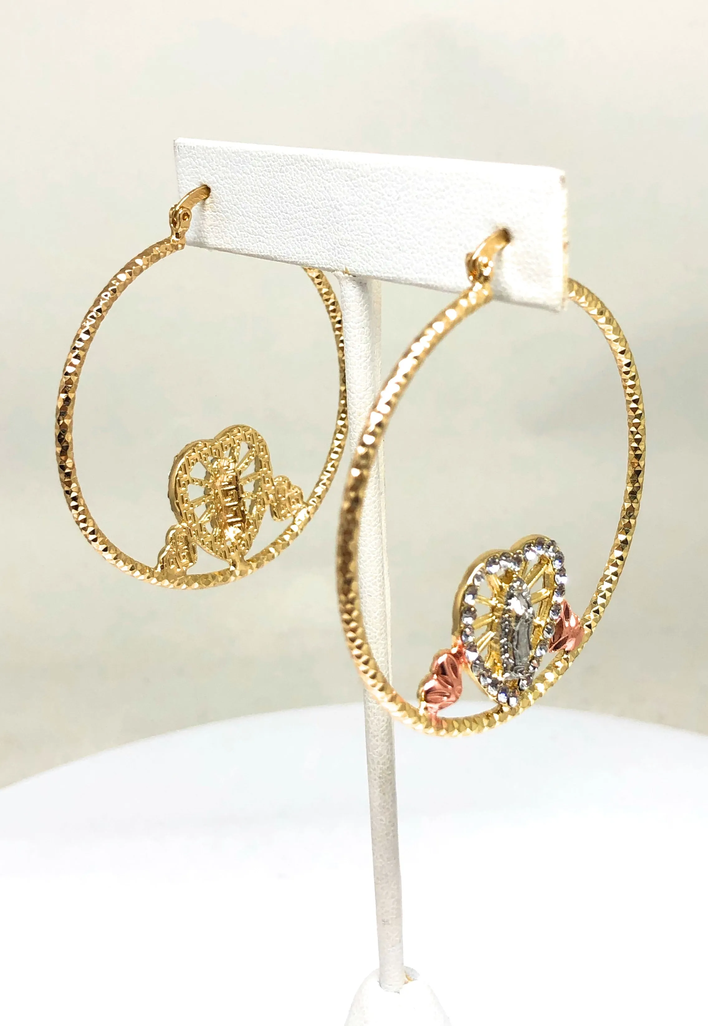 Gold Plated Tri Color Heart Virgin Mary Flower Hoop Earrings Virgen Guadalupe Aretes Arracadas