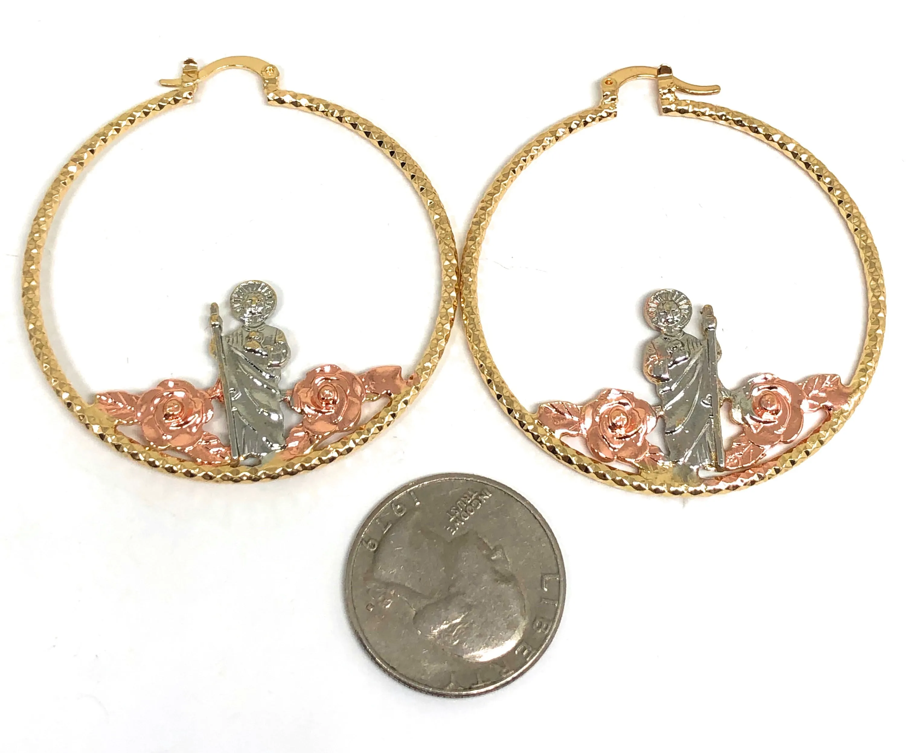 Gold Plated Tri Color Saint Jude Flower Hoop Earrings San Judas Aretes Arracadas