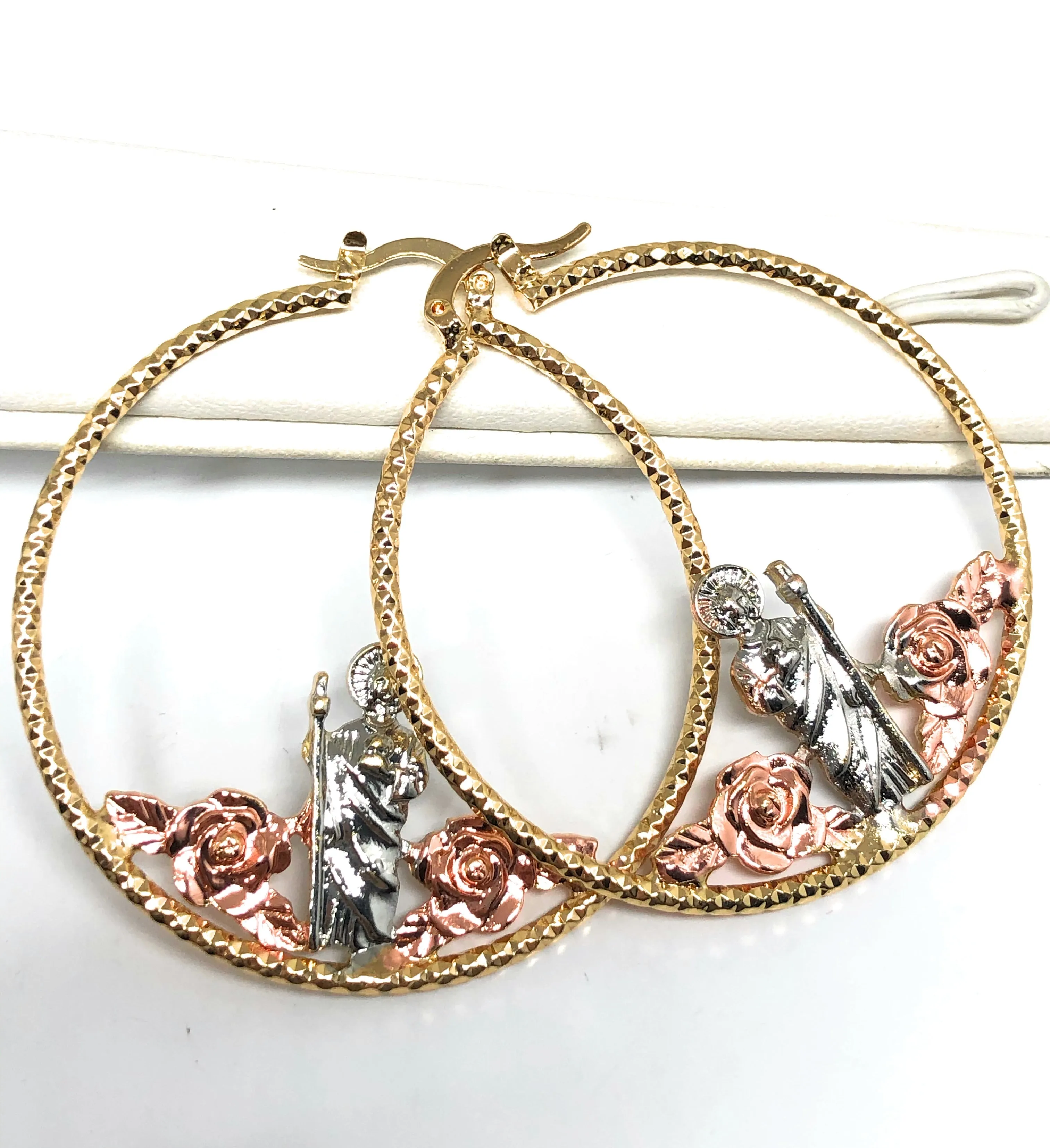 Gold Plated Tri Color Saint Jude Flower Hoop Earrings San Judas Aretes Arracadas