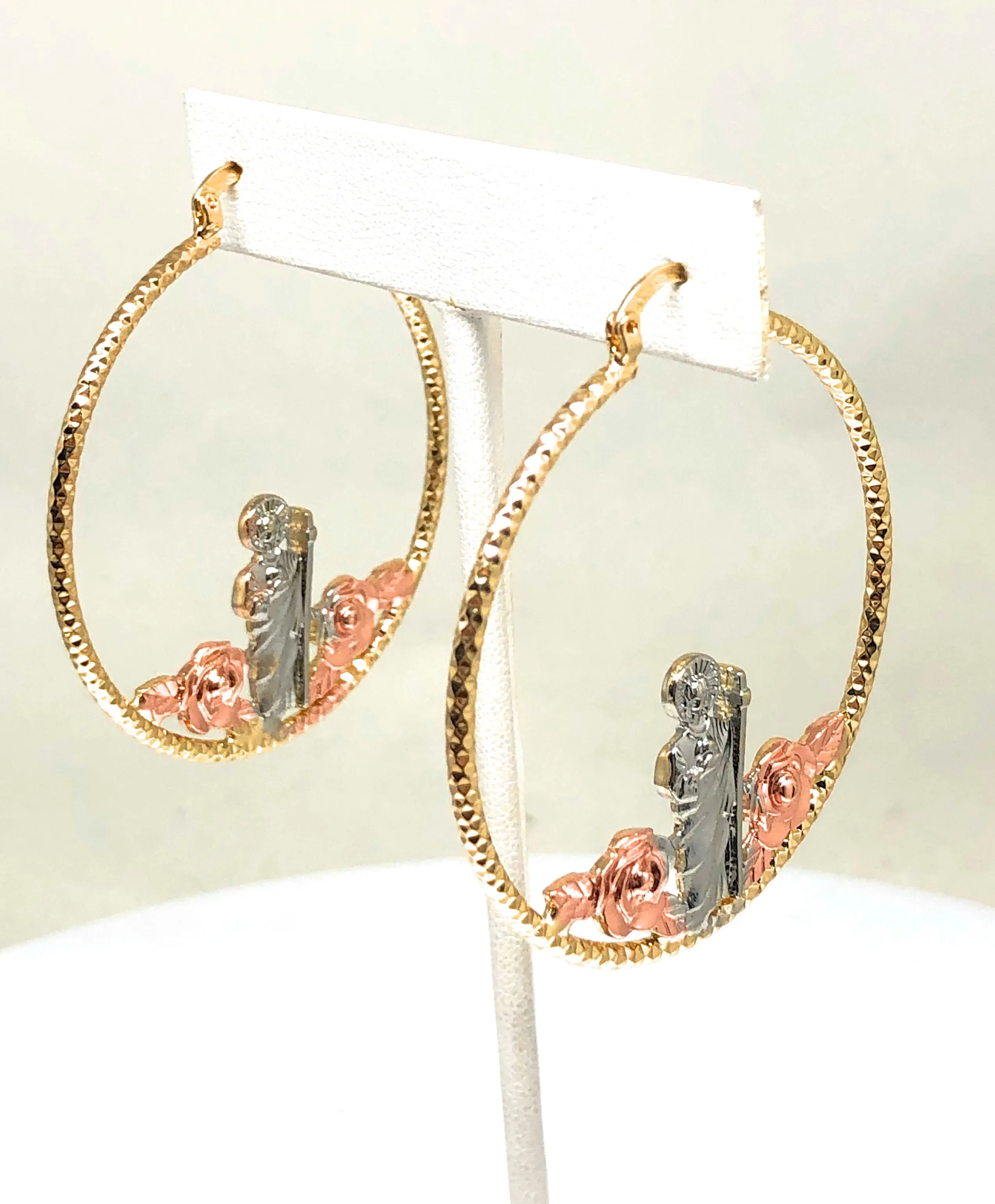 Gold Plated Tri Color Saint Jude Flower Hoop Earrings San Judas Aretes Arracadas