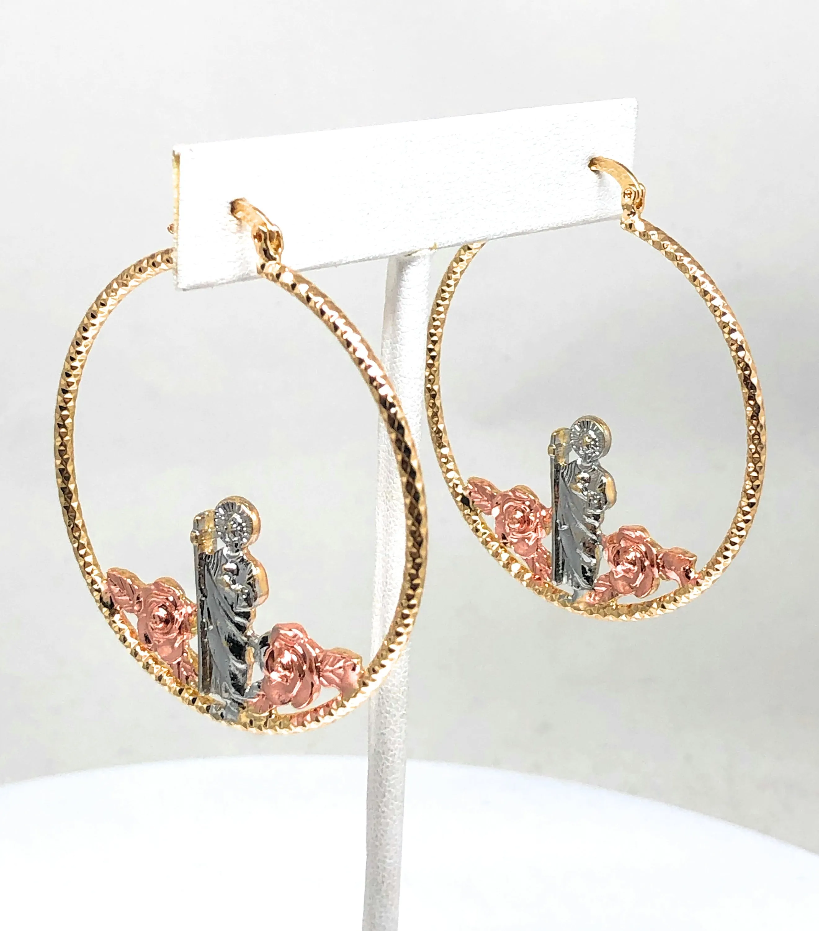 Gold Plated Tri Color Saint Jude Flower Hoop Earrings San Judas Aretes Arracadas