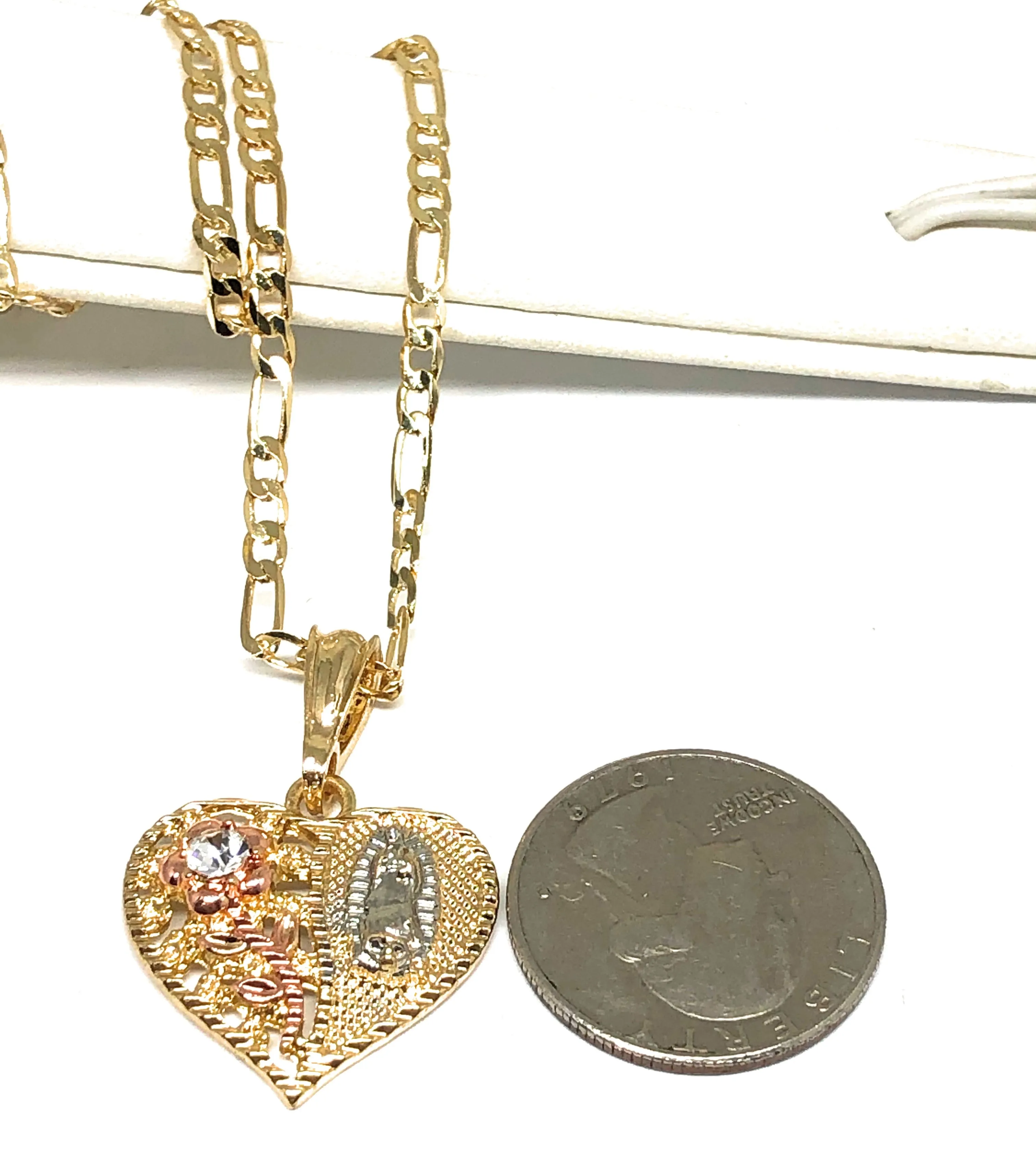 Gold Plated Tri-Color Virgin Mary CZ Heart Flower Pendant Necklace Figaro 24 Virgen de Guadalupe Medalla