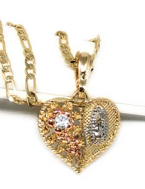 Gold Plated Tri-Color Virgin Mary CZ Heart Flower Pendant Necklace Figaro 24 Virgen de Guadalupe Medalla