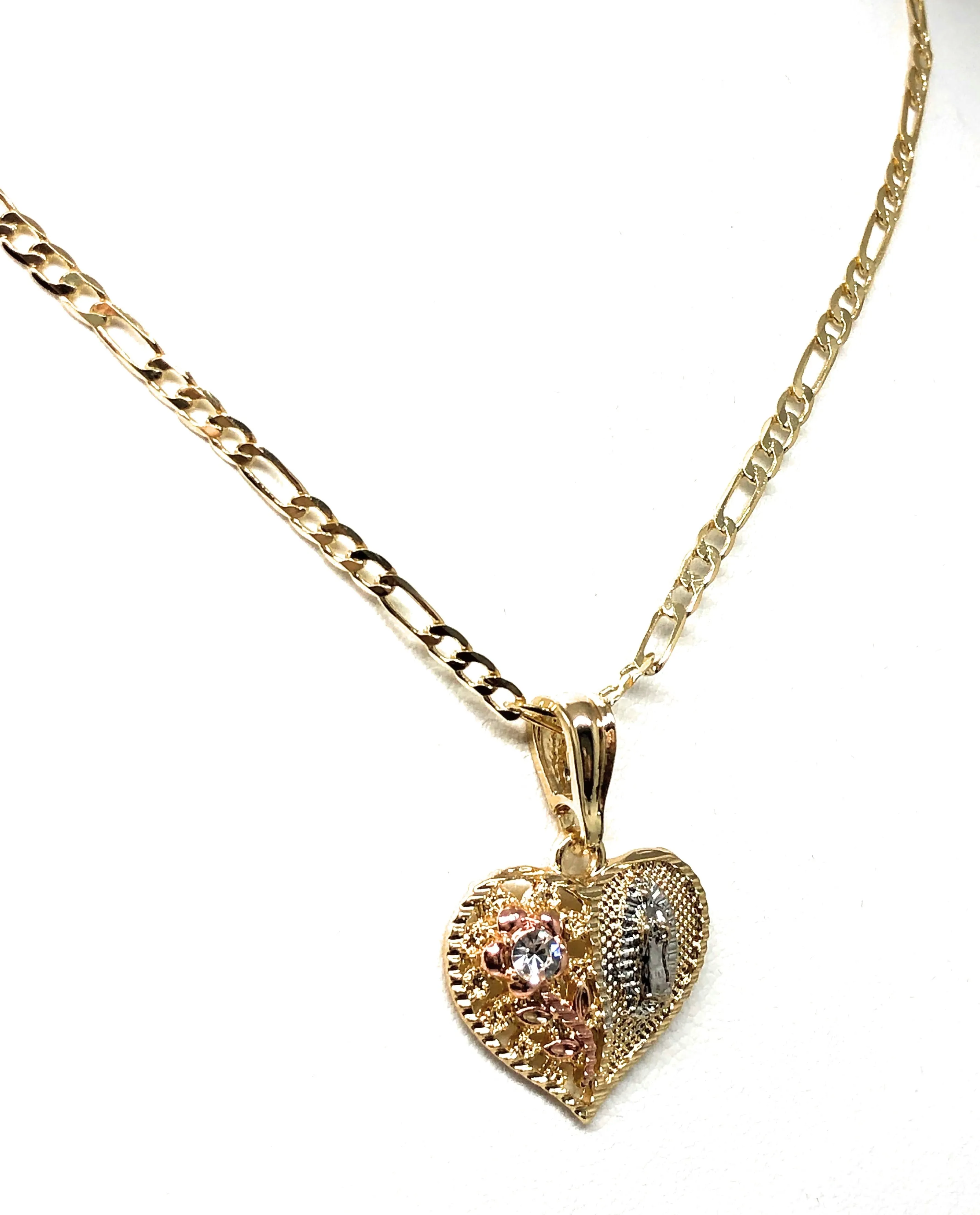 Gold Plated Tri-Color Virgin Mary CZ Heart Flower Pendant Necklace Figaro 24 Virgen de Guadalupe Medalla