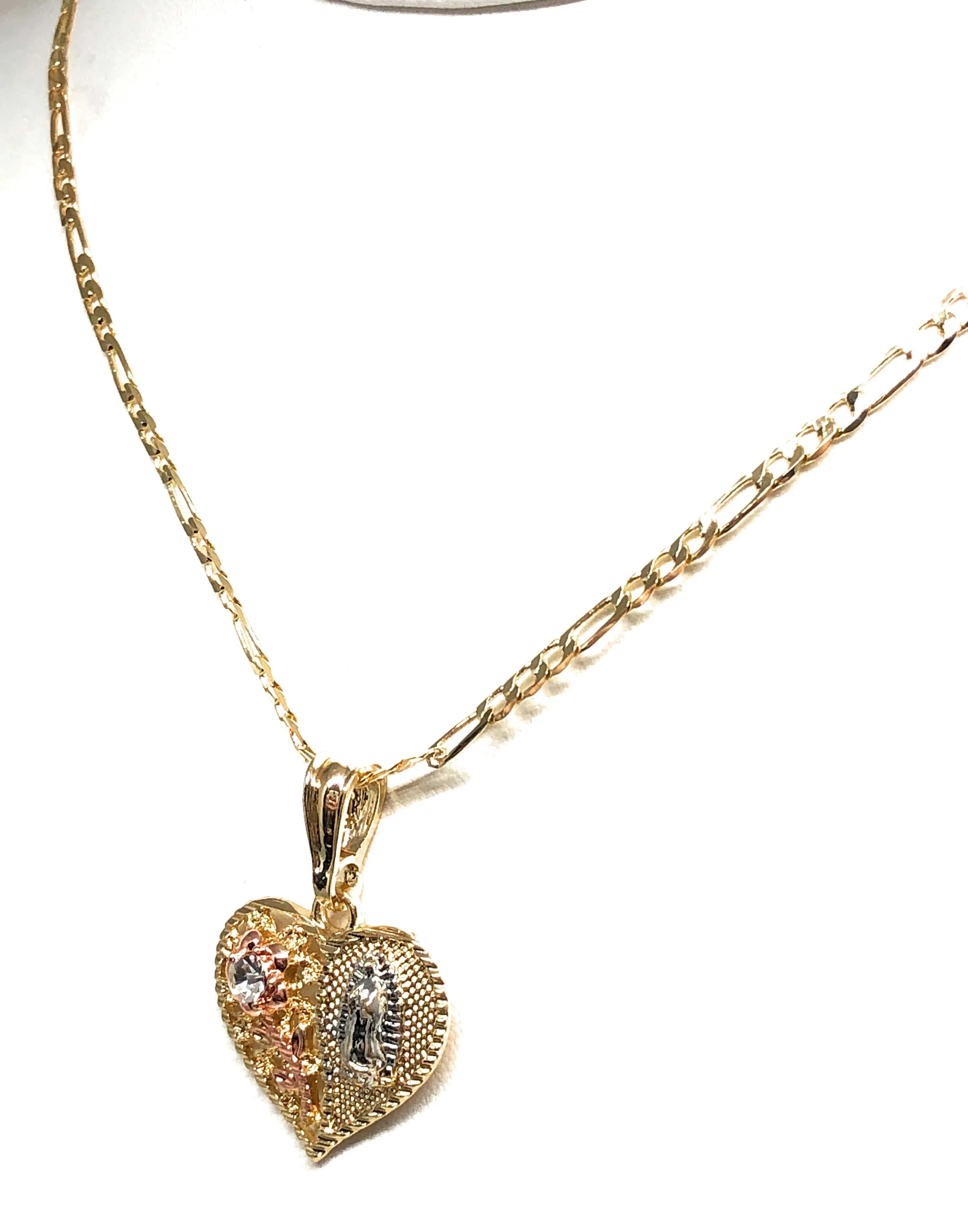 Gold Plated Tri-Color Virgin Mary CZ Heart Flower Pendant Necklace Figaro 24 Virgen de Guadalupe Medalla