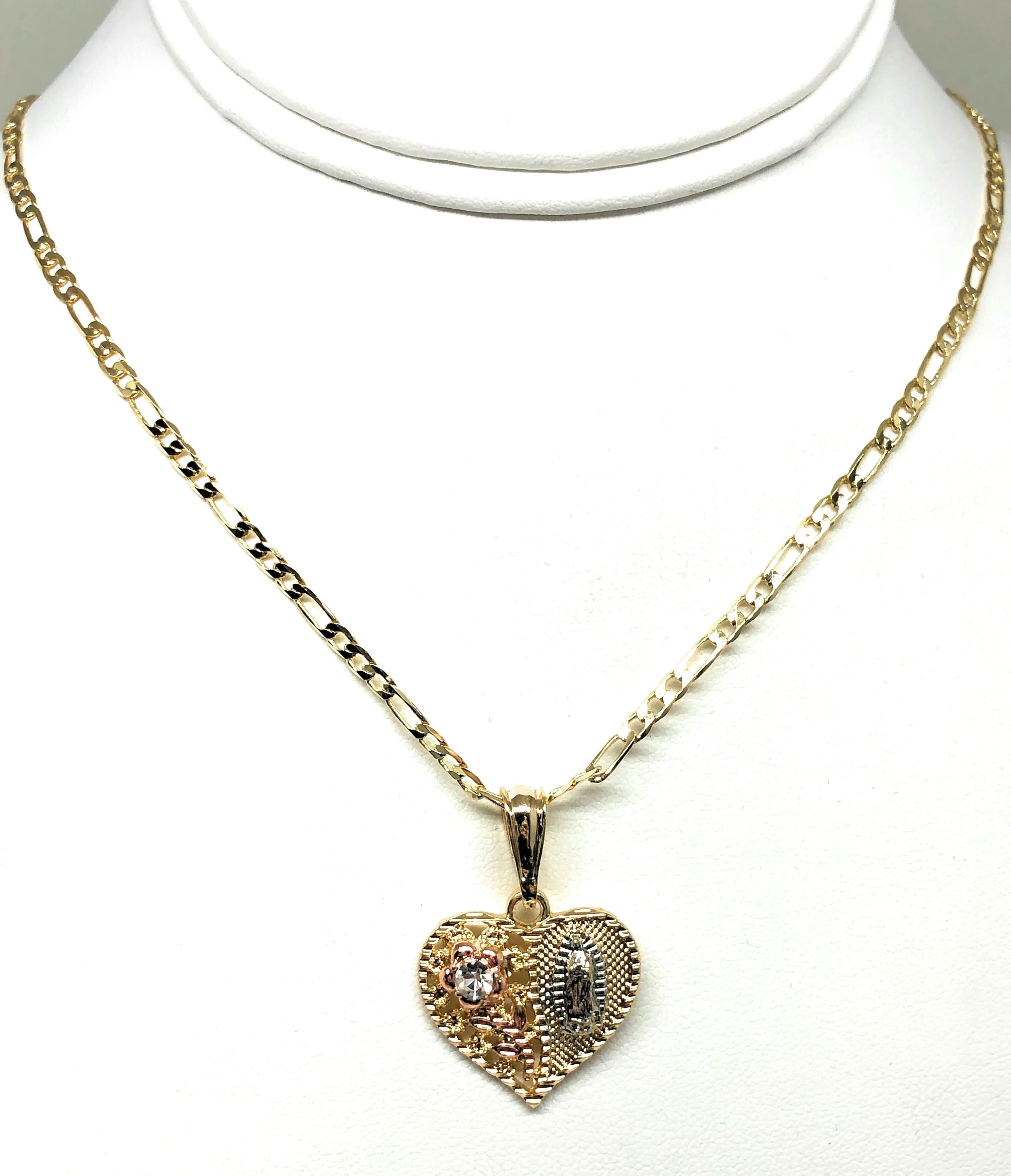 Gold Plated Tri-Color Virgin Mary CZ Heart Flower Pendant Necklace Figaro 24 Virgen de Guadalupe Medalla