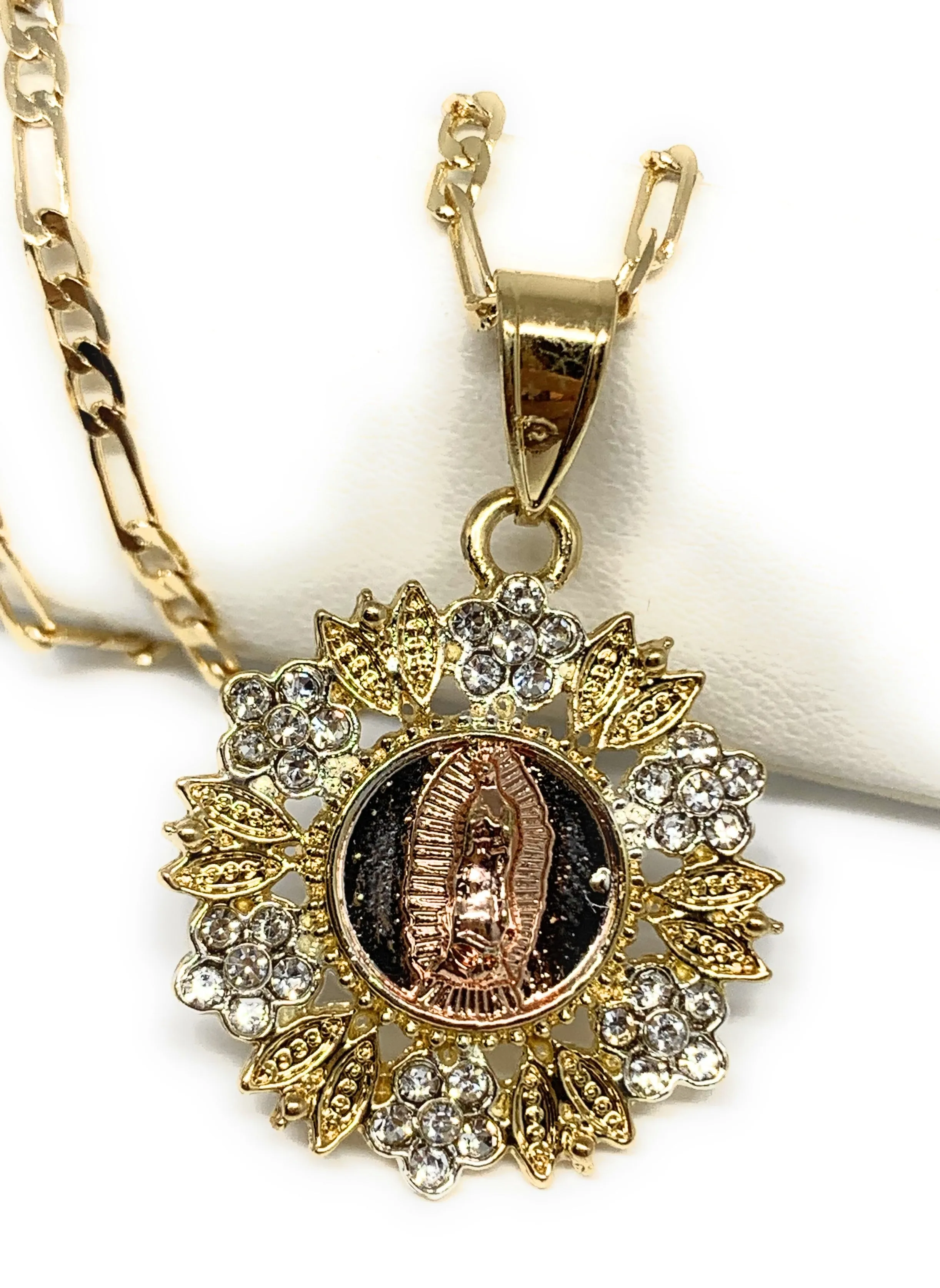 Gold Plated Tri-Color Virgin Mary Flower CZ Pendant Necklace 24 Virgen de Guadalupe Medalla Tres Colores