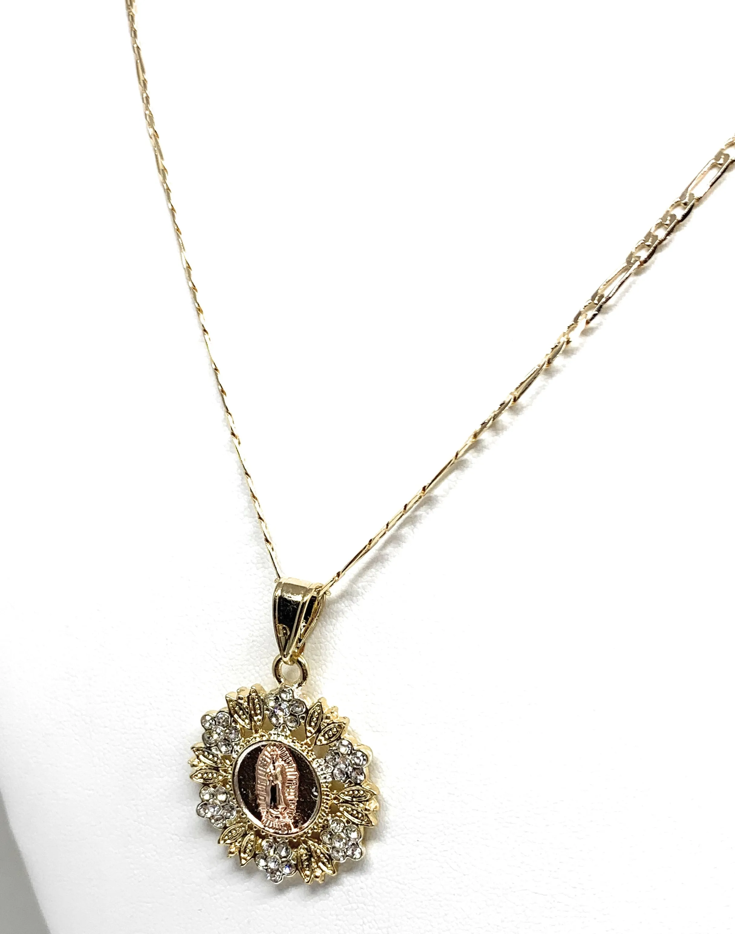 Gold Plated Tri-Color Virgin Mary Flower CZ Pendant Necklace 24 Virgen de Guadalupe Medalla Tres Colores