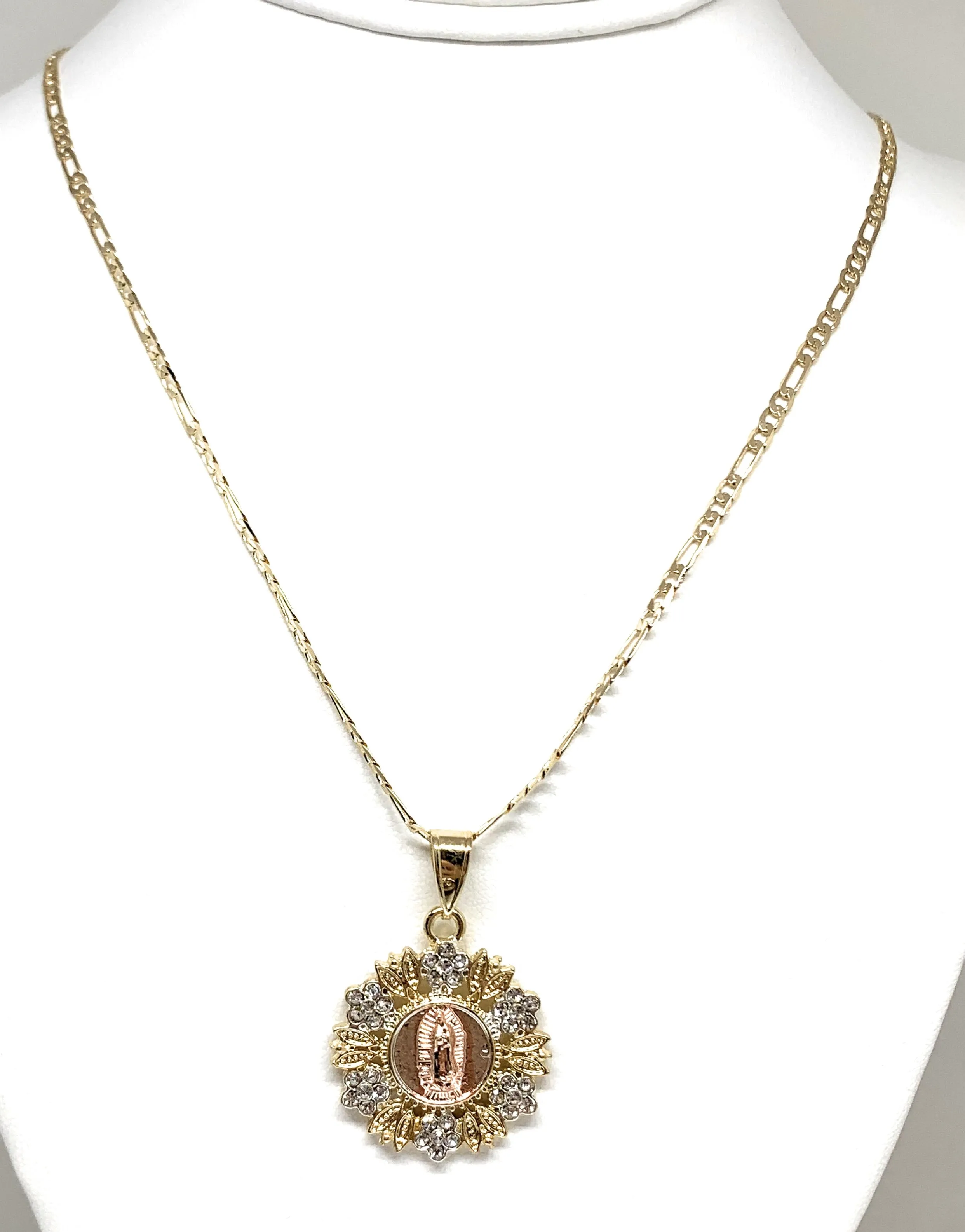 Gold Plated Tri-Color Virgin Mary Flower CZ Pendant Necklace 24 Virgen de Guadalupe Medalla Tres Colores