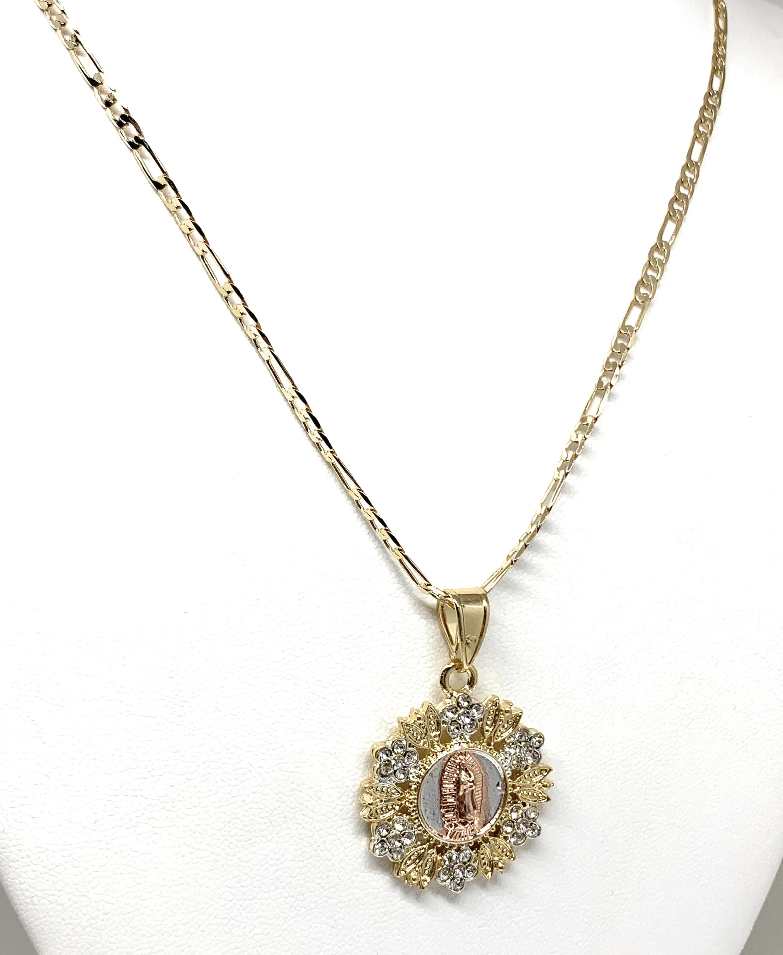 Gold Plated Tri-Color Virgin Mary Flower CZ Pendant Necklace 24 Virgen de Guadalupe Medalla Tres Colores