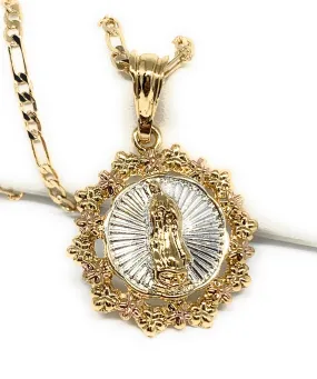 Gold Plated Tri-Color Virgin Mary Flower Pendant Necklace 24 Virgen de Guadalupe Medalla Tres Colores