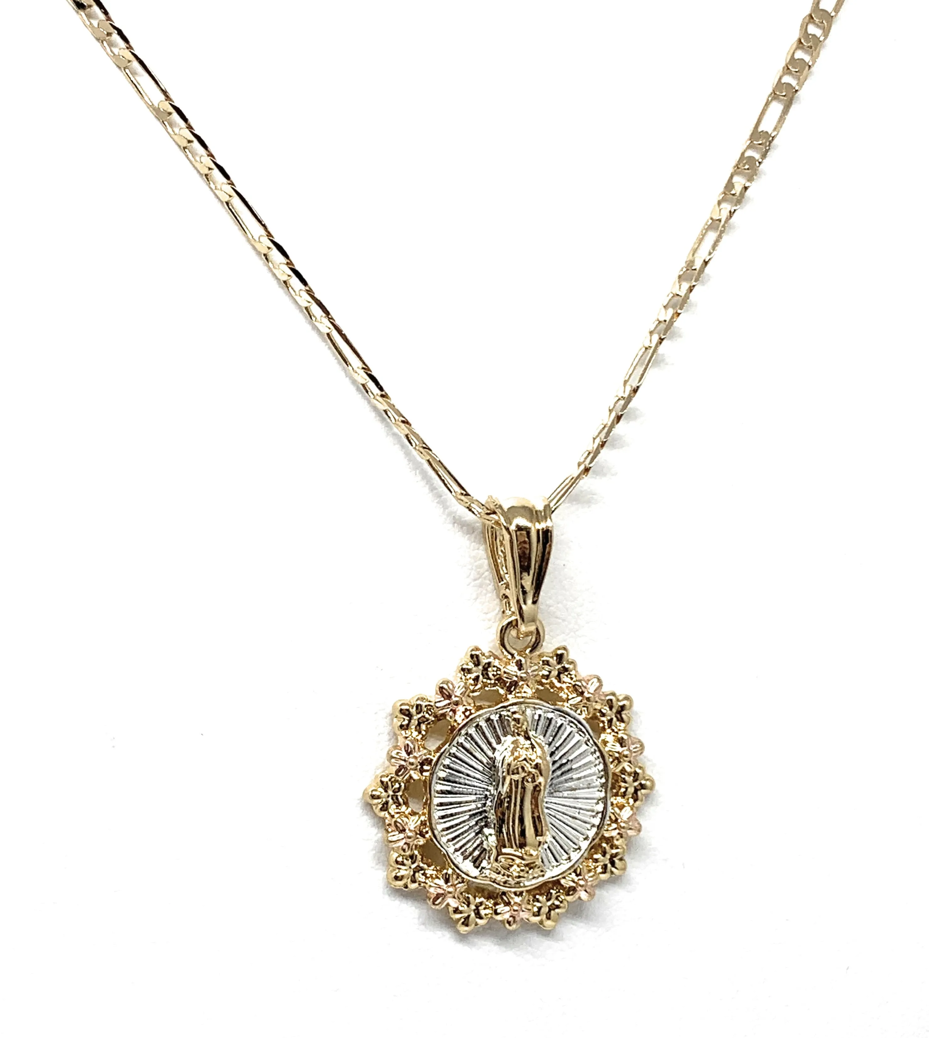 Gold Plated Tri-Color Virgin Mary Flower Pendant Necklace 24 Virgen de Guadalupe Medalla Tres Colores