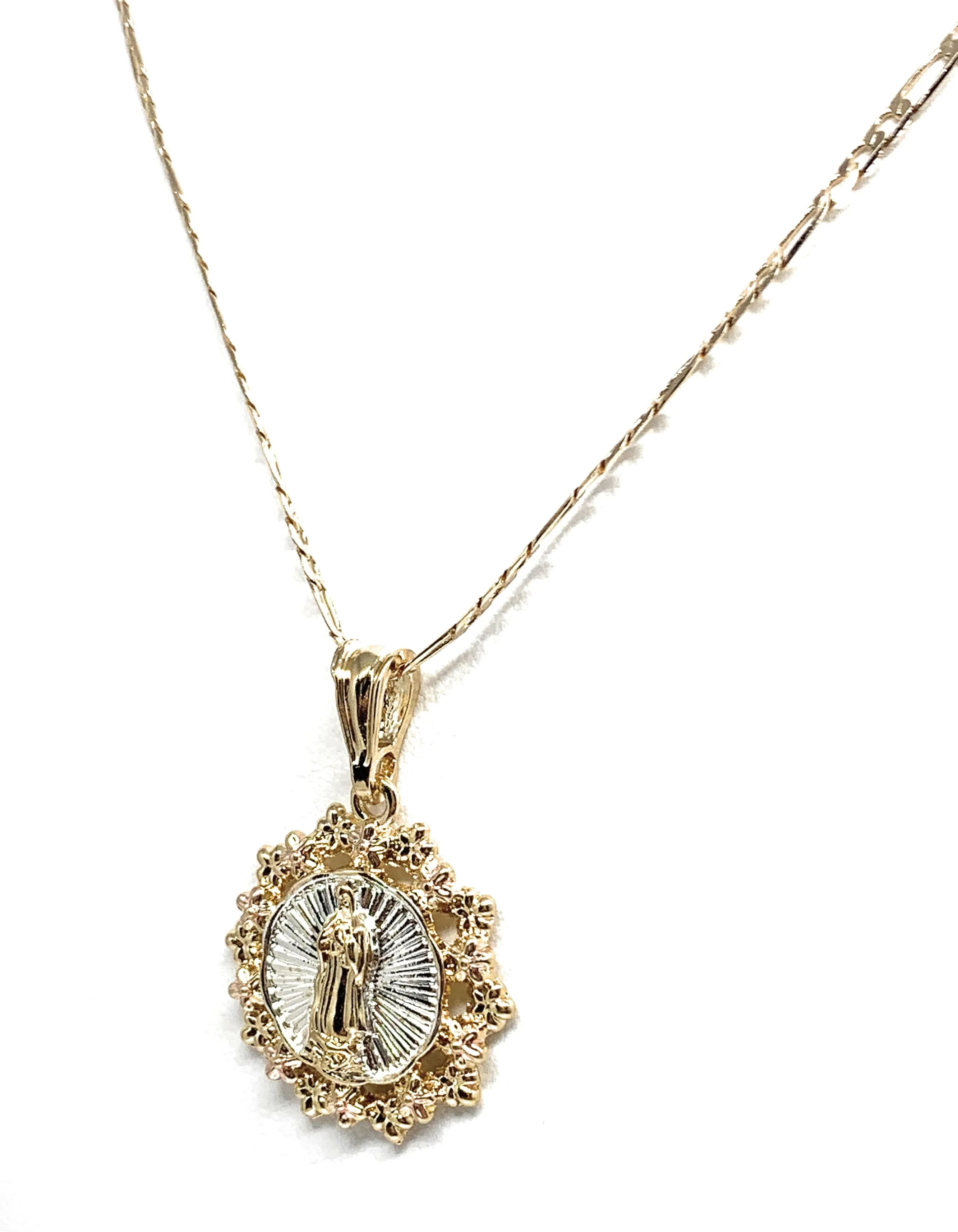 Gold Plated Tri-Color Virgin Mary Flower Pendant Necklace 24 Virgen de Guadalupe Medalla Tres Colores