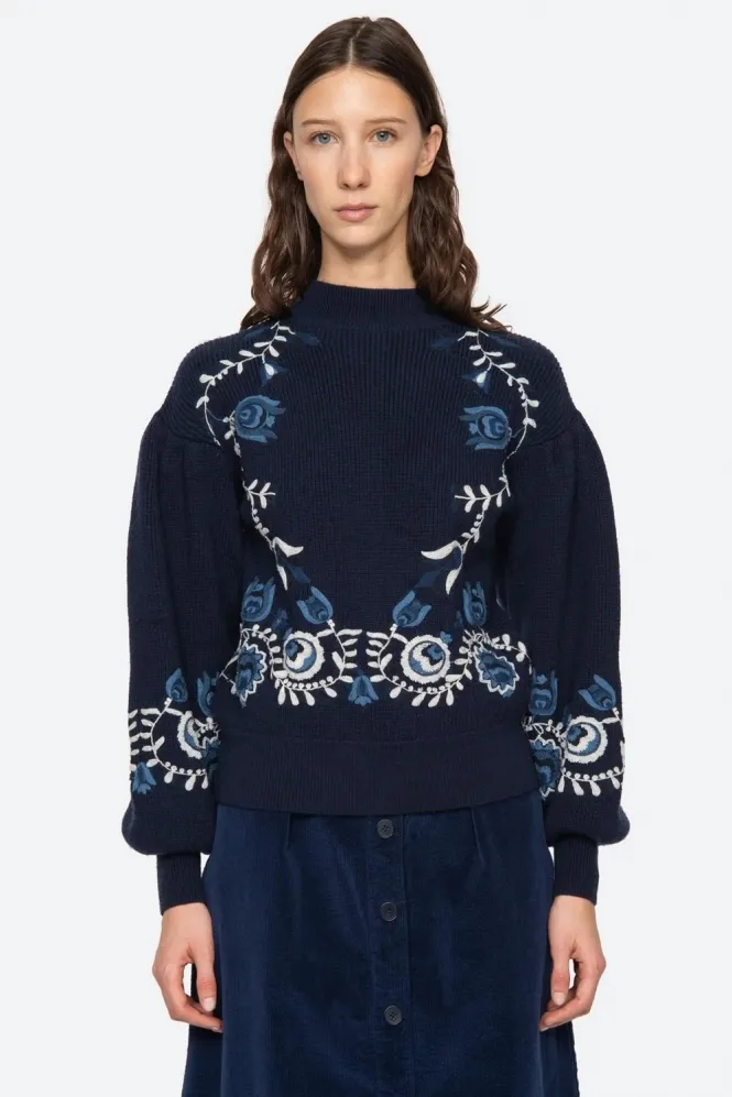 Inga Embroidery Long Sleeve High Neck Sweater in Navy