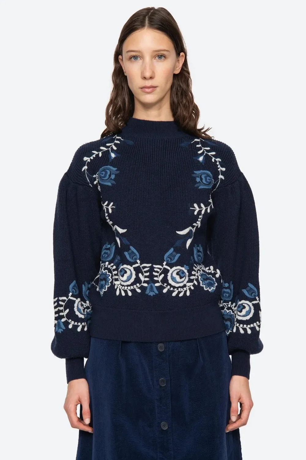 Inga Embroidery Long Sleeve High Neck Sweater in Navy