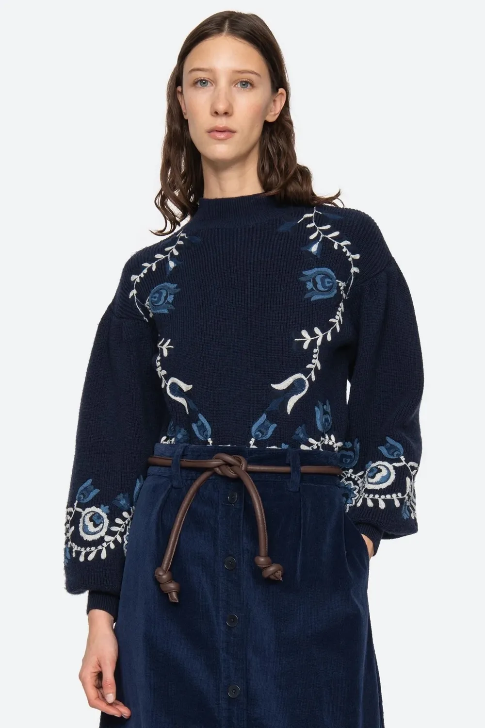 Inga Embroidery Long Sleeve High Neck Sweater in Navy