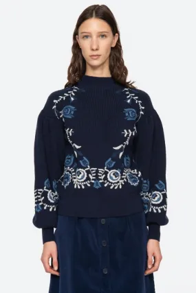 Inga Embroidery Long Sleeve High Neck Sweater in Navy