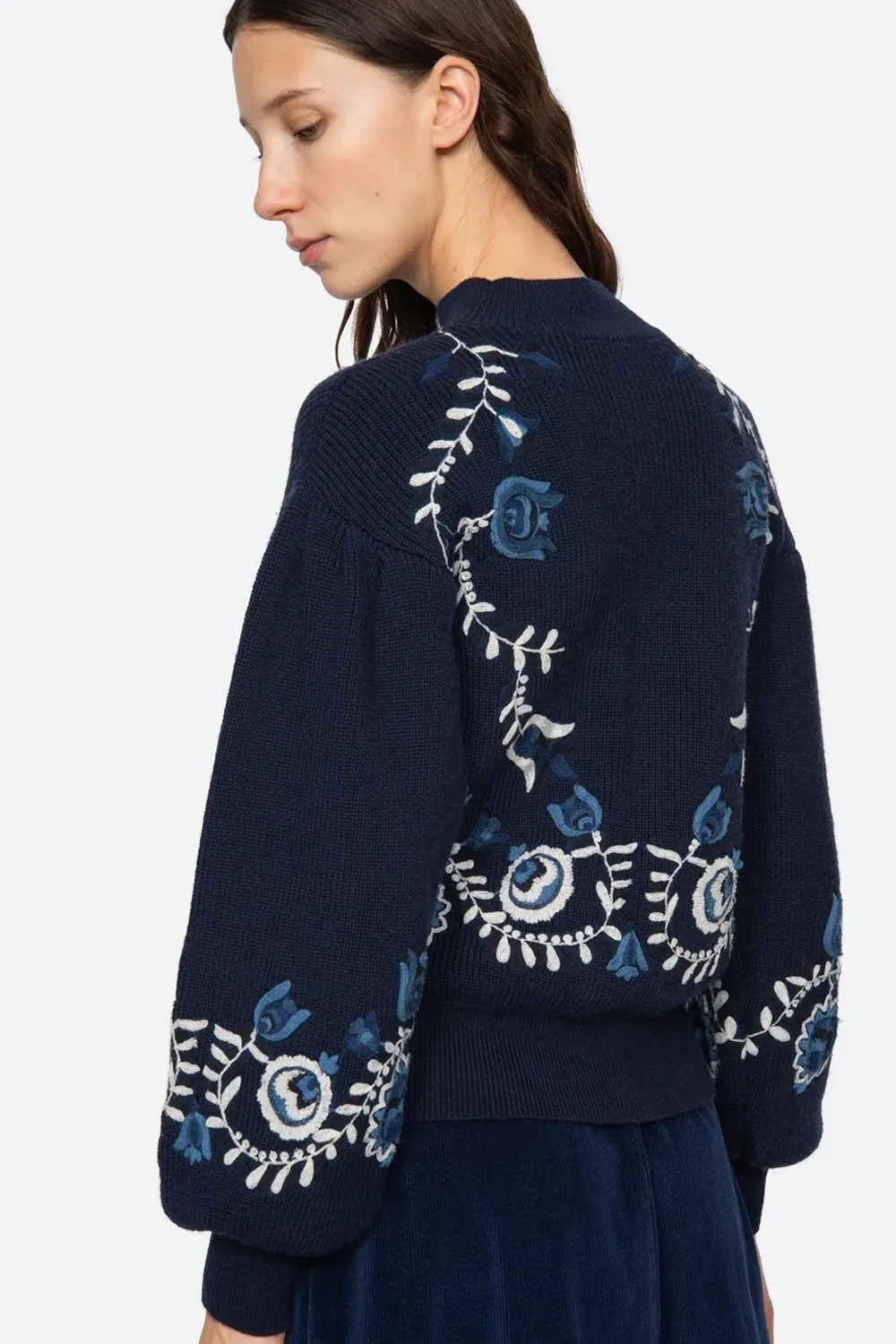 Inga Embroidery Long Sleeve High Neck Sweater in Navy