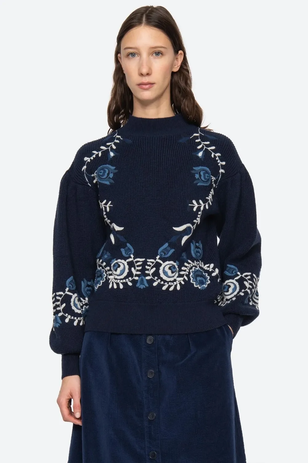 Inga Embroidery Long Sleeve High Neck Sweater in Navy