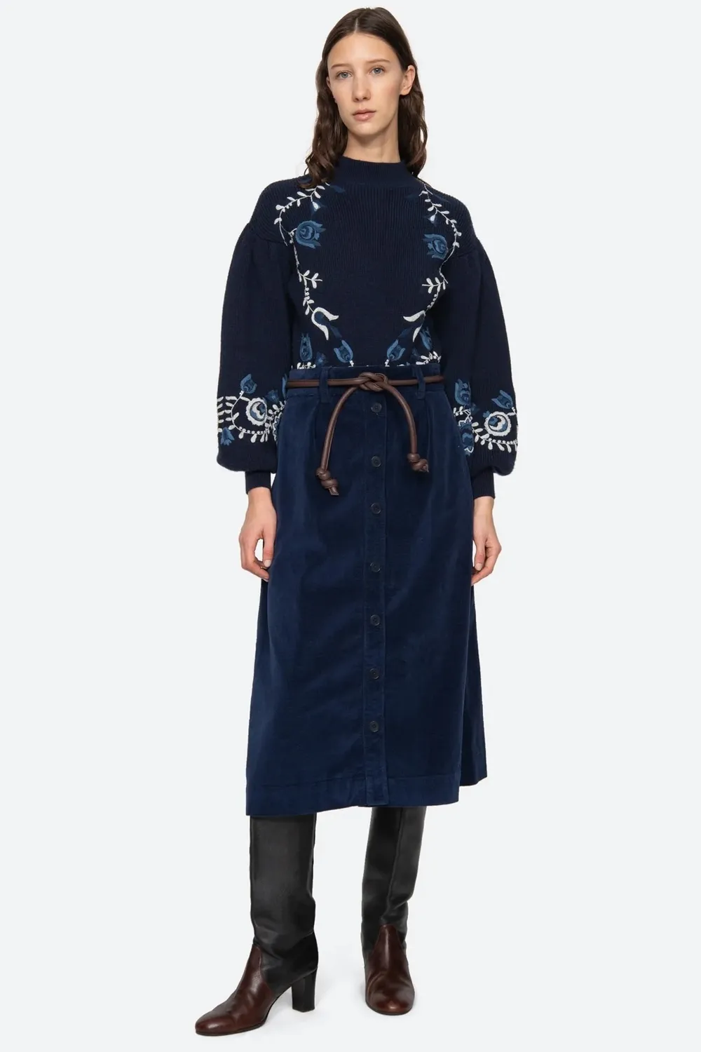 Inga Embroidery Long Sleeve High Neck Sweater in Navy