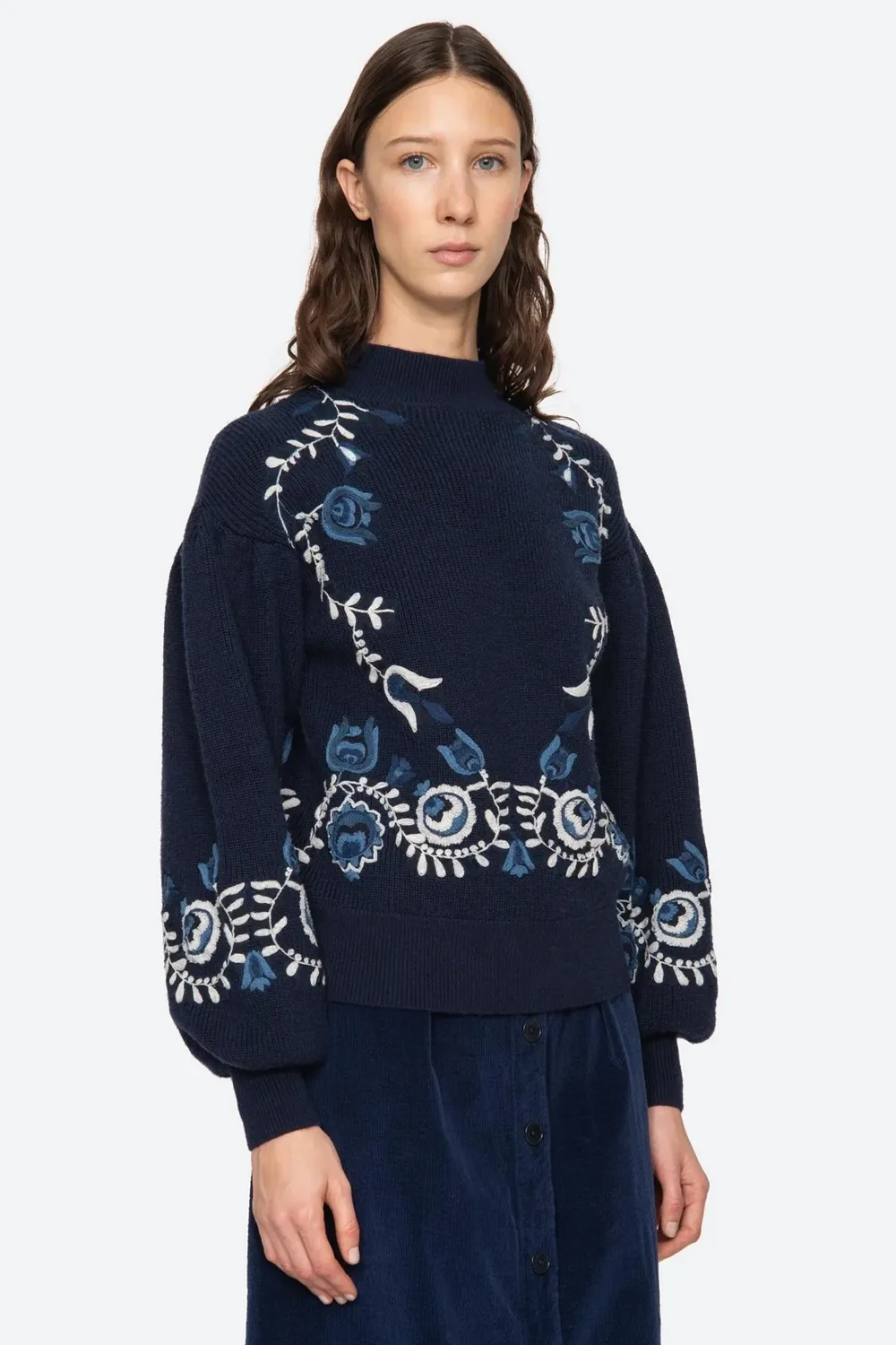 Inga Embroidery Long Sleeve High Neck Sweater in Navy